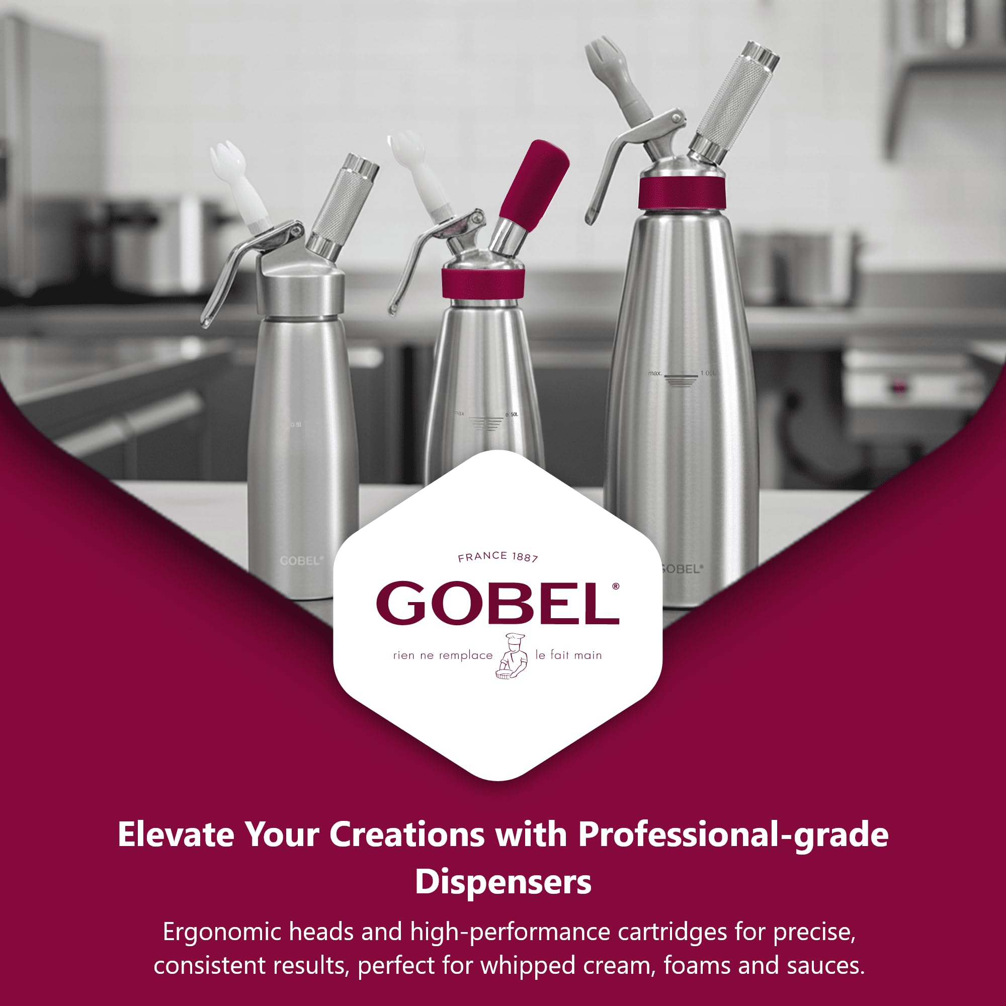 GOBEL - Siphon für die professionelle Küche aus Edelstahl - Siphon für Schlagsahne mit Edelstahlbehälter und -kopf - 1L - Professionelle Qualität (entspricht NF D21-901)