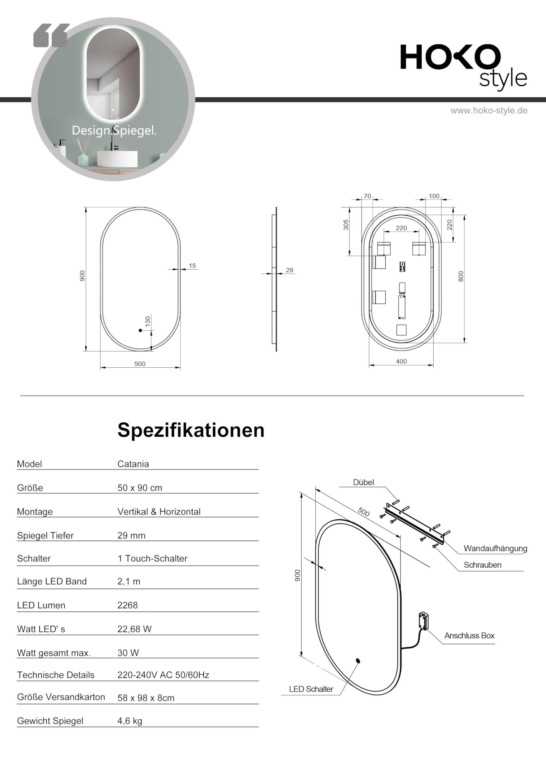 HOKO® Espejo LED Ovalado 50 x 90 cm. Montaje Alto + Transversal. Espejo de baño con iluminación LED para Exterior
