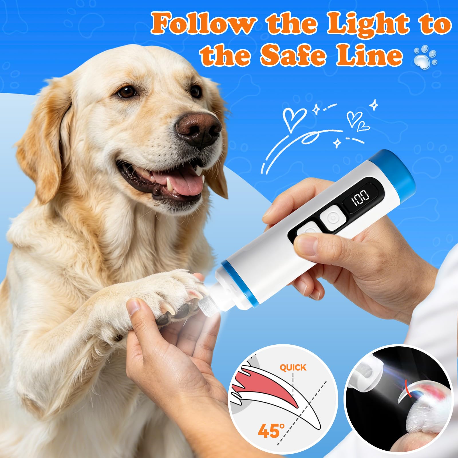 Meuleuse à ongles pour chien avec lumière LED silencieuse