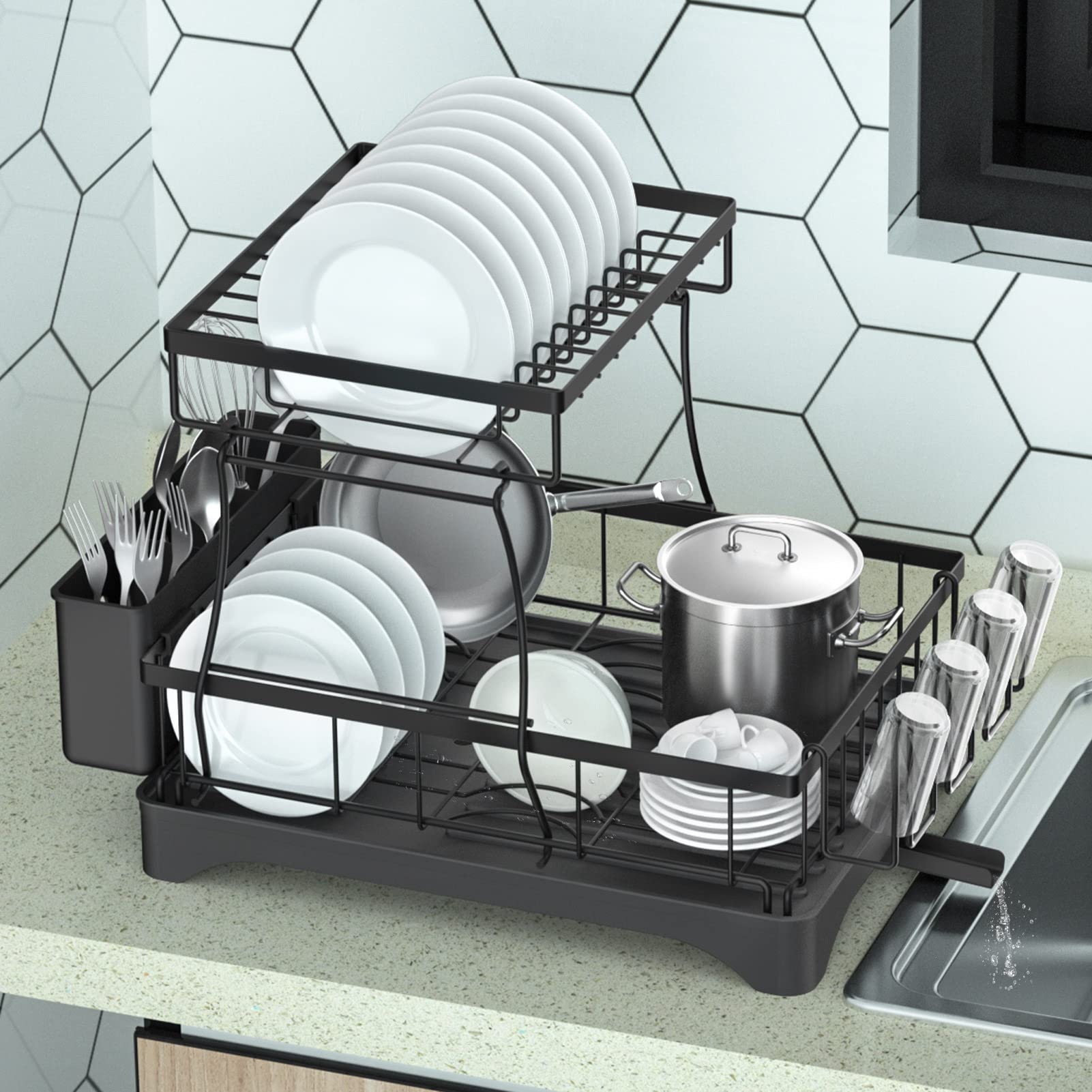 2 Tier Dish Drying Rack for Kitchen Counter, Aredy Black Stainless
