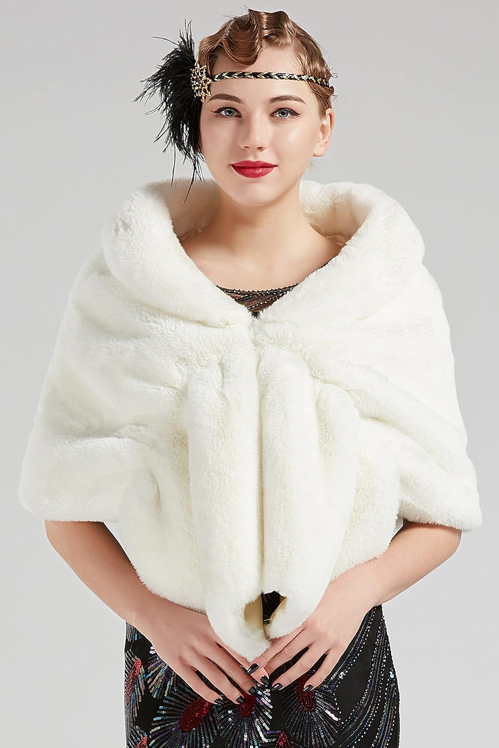 BABEYOND Womens Faux Fur Collar Shawl Faux Fur Scarf Wrap Evening Cape for Winter Coat - Image 2
