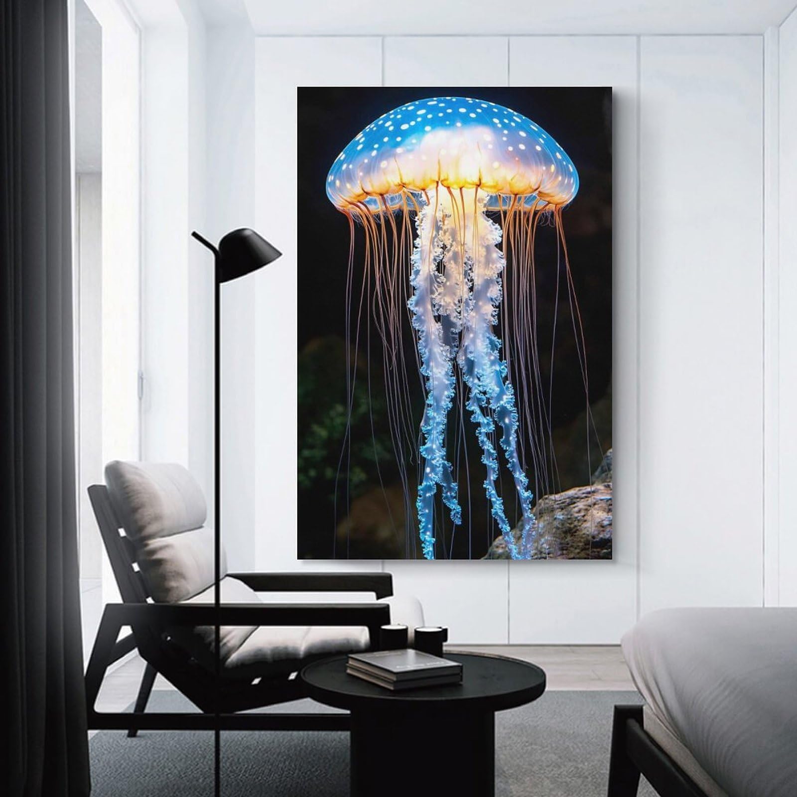 Junmoney Canvas Wall Decor Bioluminescent Jellyfish in Dark Water, 20x30inch(50x75cm), for Living Room, Bedroom, Office Or Hallway, Decorative Artwork with Broad Appeal
