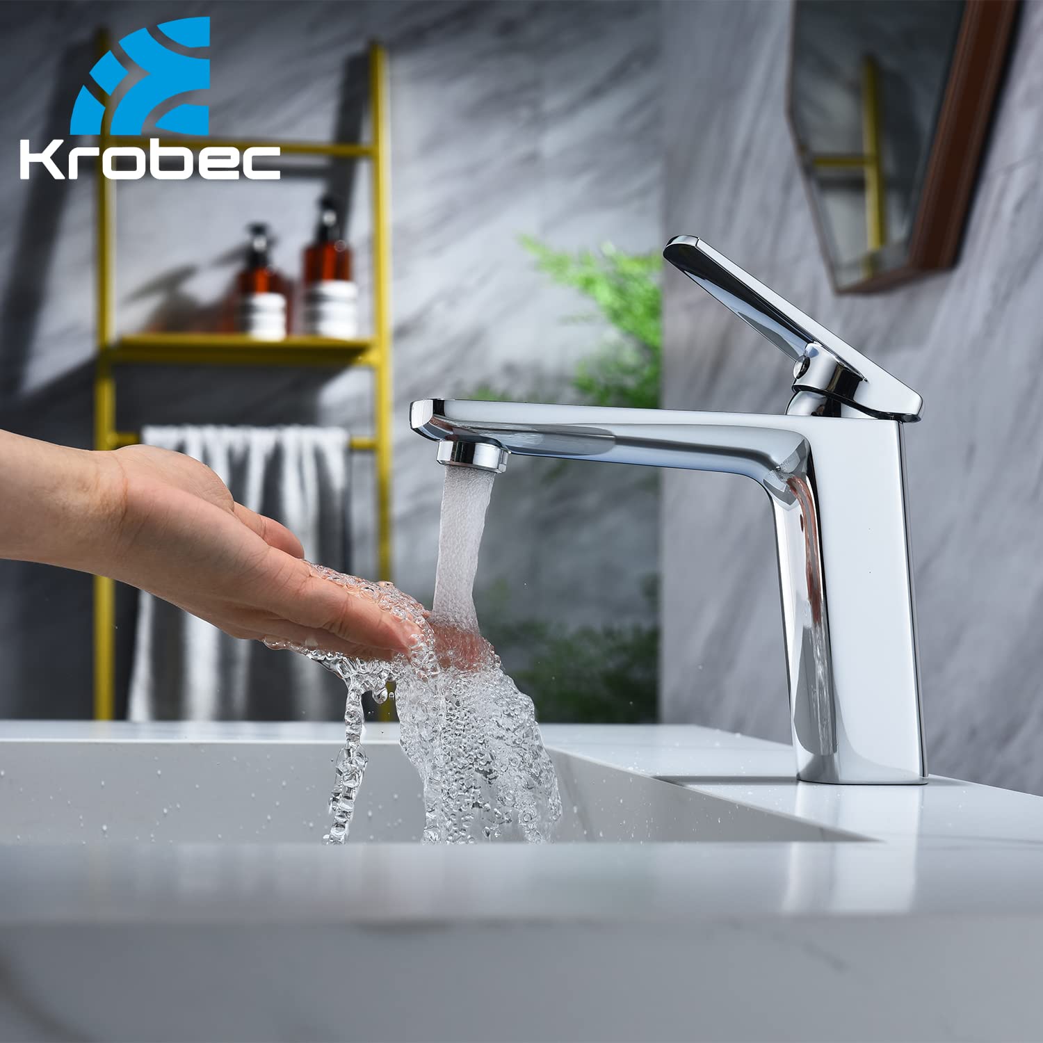 Krobec Rubinetto per Bagno,Rubinetto per Lavabo,Rubinetto Bagno Lavabo, Miscelatore Monocomando per Lavabo, ottone, Attacco UE 3/8″,valvola in ceramica di alta qualità(Cromo).