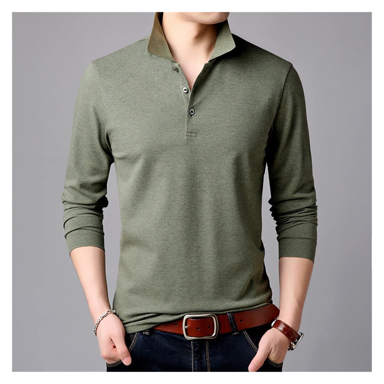Koszula męska Jednokolorowa, z długim rękawem, slim fit, koreańska chłopięca koszulka polo, Casualowa odzież męska (kolor: A, rozmiar: kod M) (kod A 3XL)