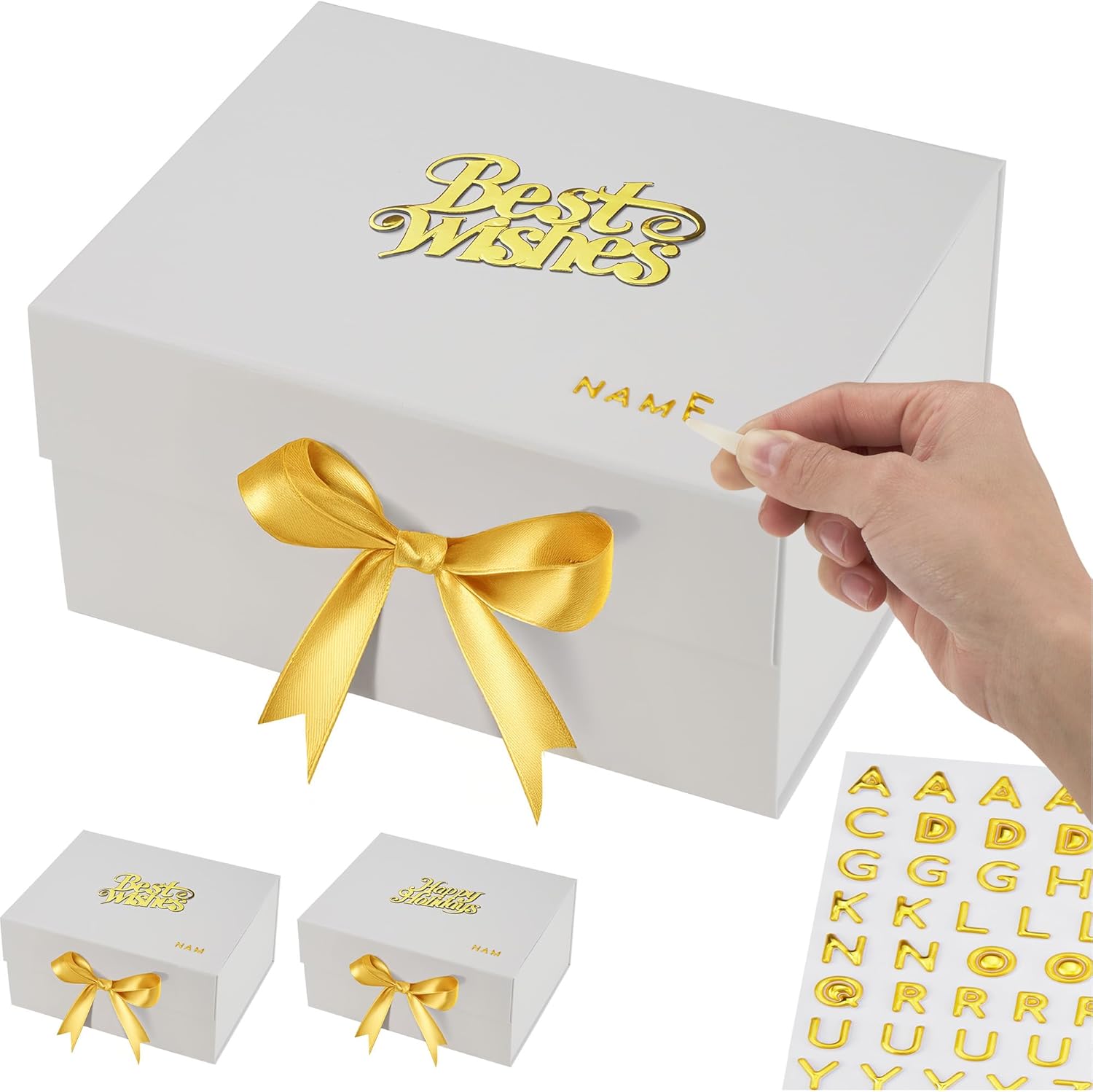 Luxury White Personalized Gift Boxes Large (12x9x6") - 3 Pack Set with Instant DIY Lettering Kits, Magnetic Lids & Ribbons
