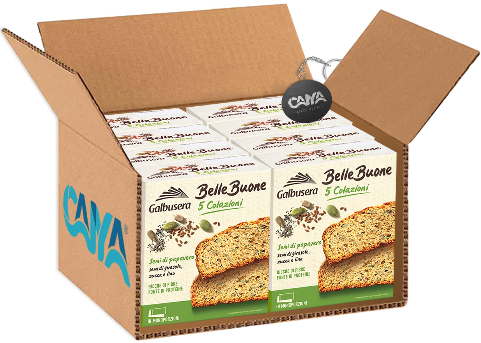 Galbusera BelleBuone 5 Colazioni Fette Spesse con Semi di Papavero, Girasole, Zucca e Lino 200g [CAIYA® BOX da 8 Confezioni]