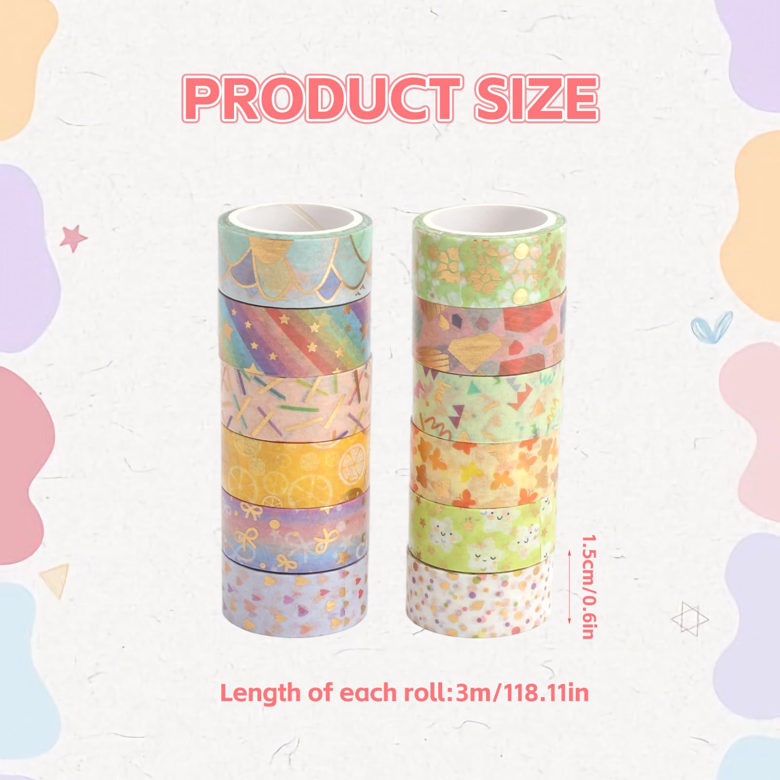 Zestaw 12 rolek taśmy Washi, kolor cukru, kolorowa taśma klejąca, taśma Washi, dla dzieci, brokatowa taśma do maskowania, do projektów DIY, naklejki Washi, kolorowa, ze złotą folią