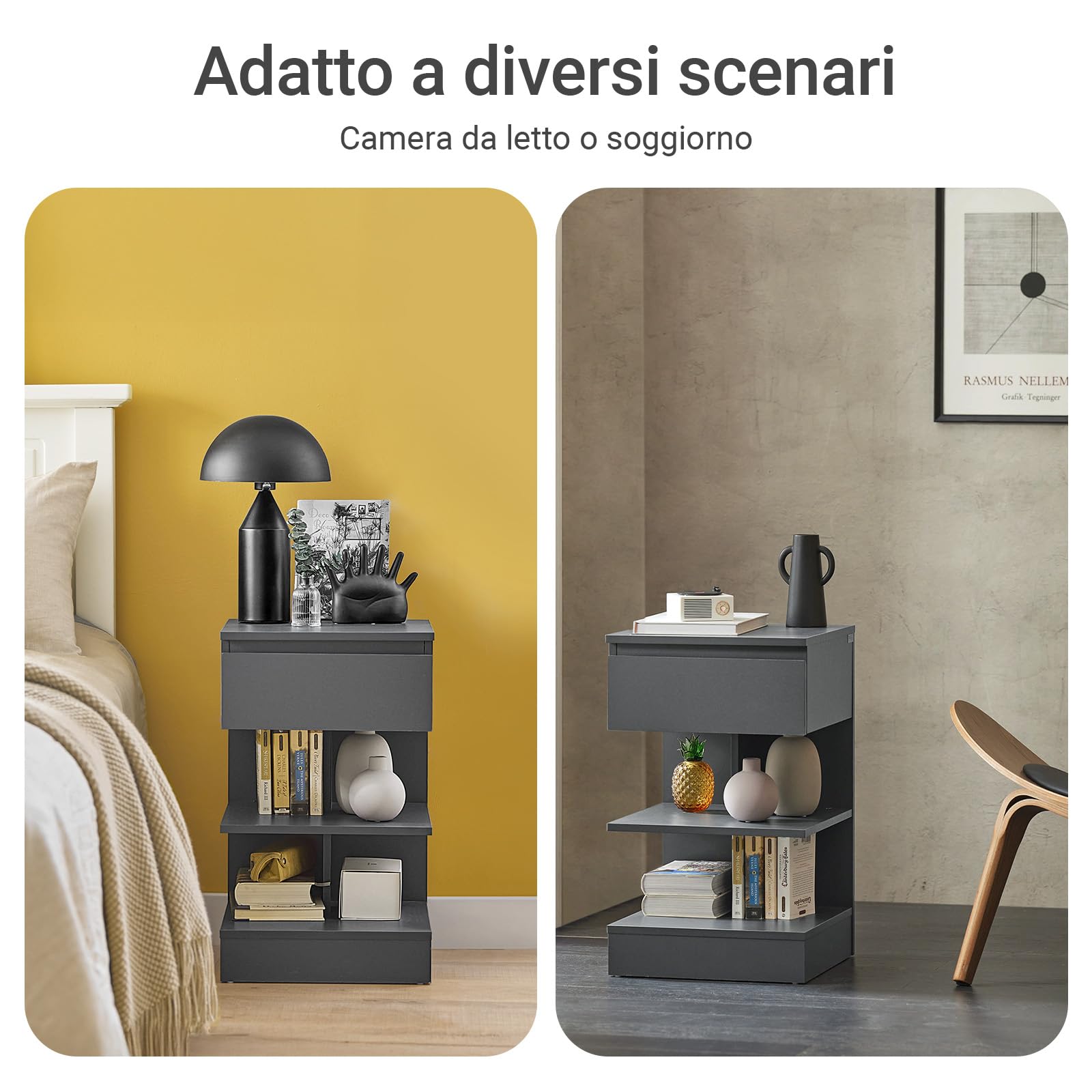 SoBuy Set di 2 Comodino Camera da Letto - Comodino con 1 Cassetto e 2 Ripiani, Tavolino Salotto - Moderna Cassettiera L39 x P39 x A65 cm Grigio FBT49-HGx2