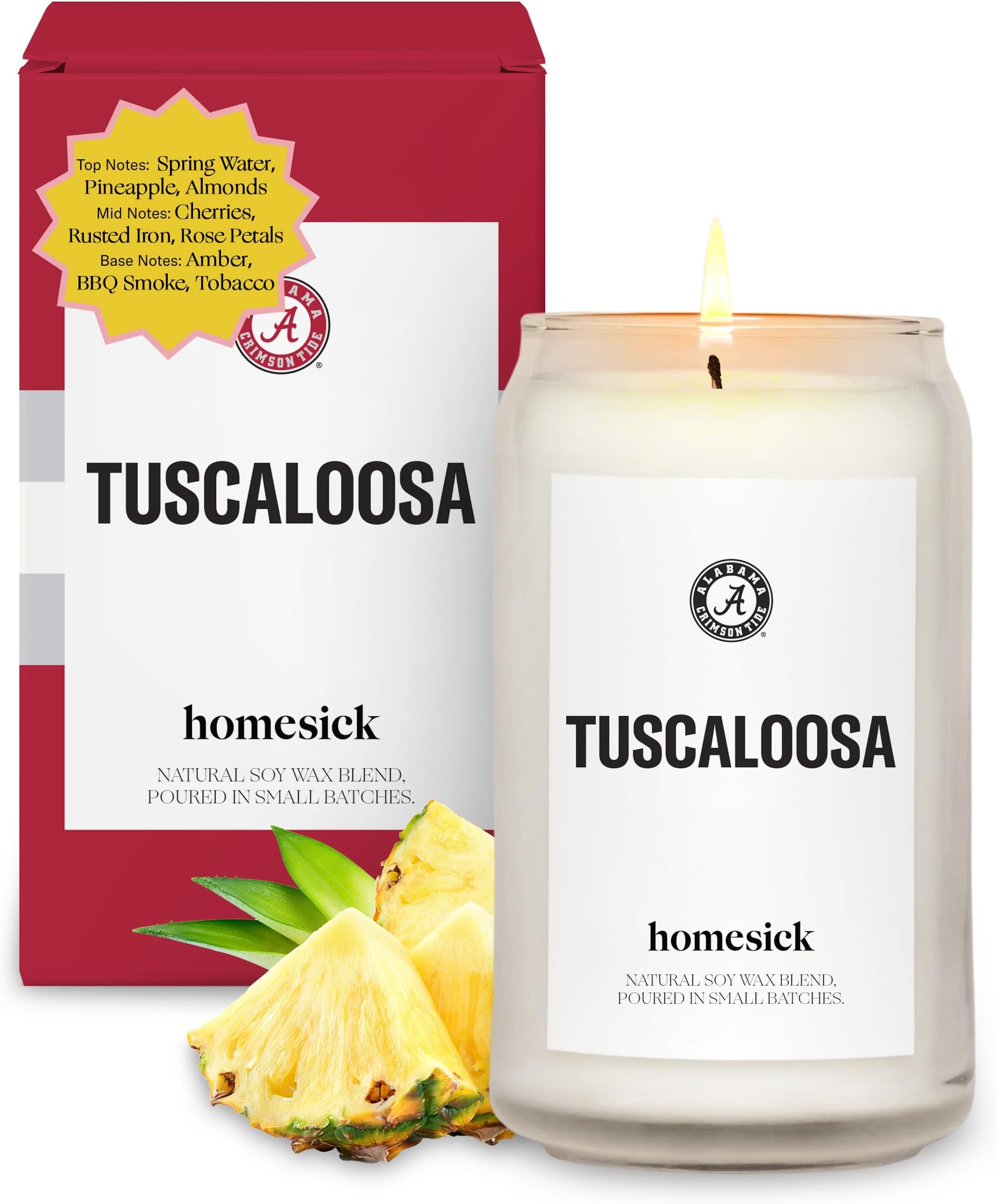 Homesick Scented Candles for Home (The University of Alabama, Tuscaloosa) - 13.75 oz Long-Lasting Soy Wax Jar Candle, 60-80 Hours Burn Time - Notes of Spring Water, Pineapple & Almonds