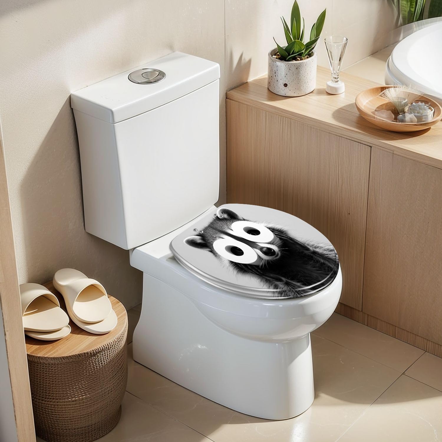Copriwater A Forma Di Procione, Divertente Decorazione per Il Bagno, con Chiusura Ammortizzata, Porta Carta Igienica Allungato In Resina, Facile Da Installare, Cerniere A Sgancio Rapido.