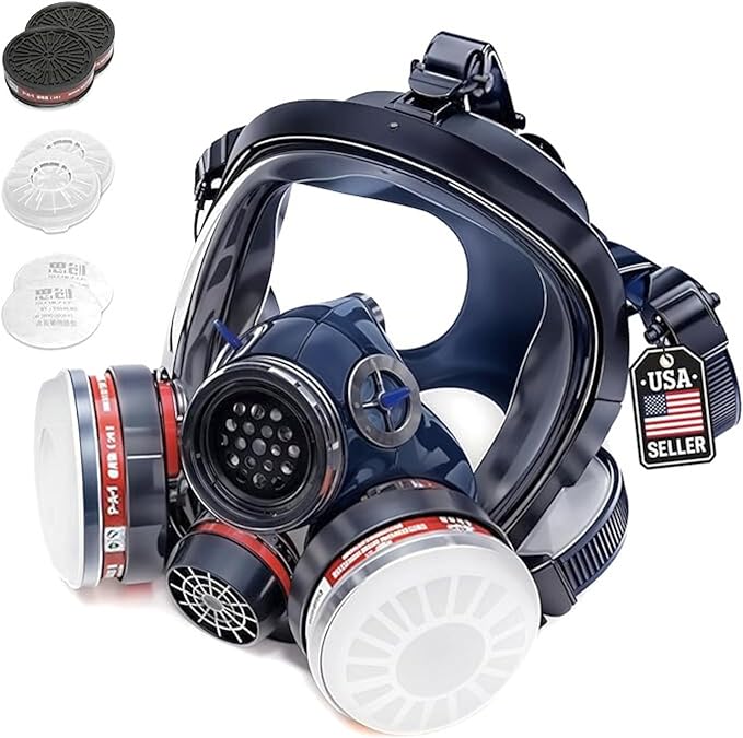 Full Face Organic Vapor Respirator - Protective Eye & Nose Shield with Anti-Fog Heavy Duty Lens & Adjustable - Chemical, & Particulate Respirator. Includes 2 Filter Cartridges - Industrial Grade