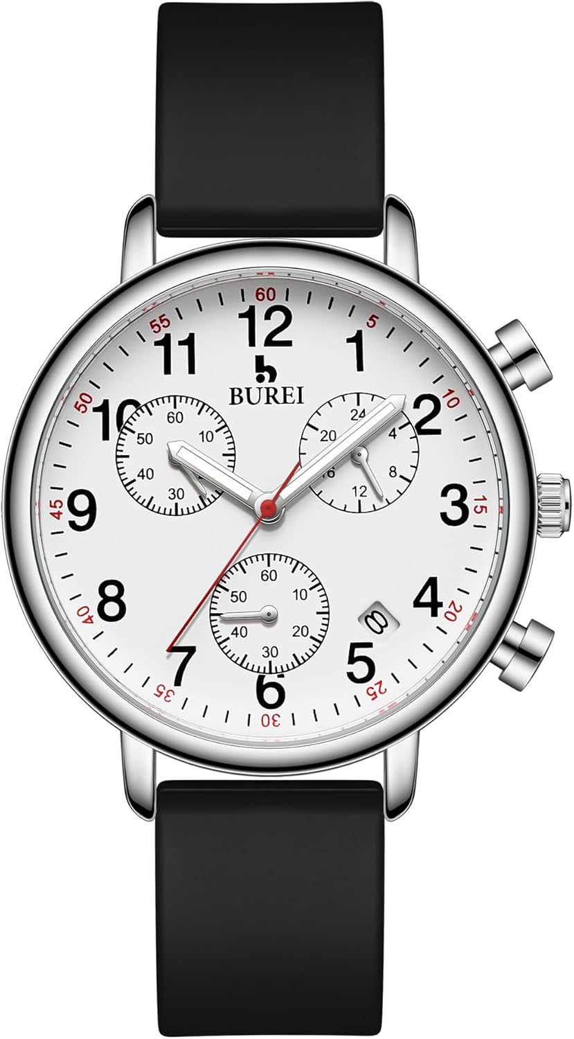 BUREI Men's Nurse Watch, Easy-to-Read Precision Timepiece for Medical Professionals, Comfortable Silicone Strap, Water-Resistant Design, Luminous Function, Neutral Multifunction Chronograph with Stopwatch