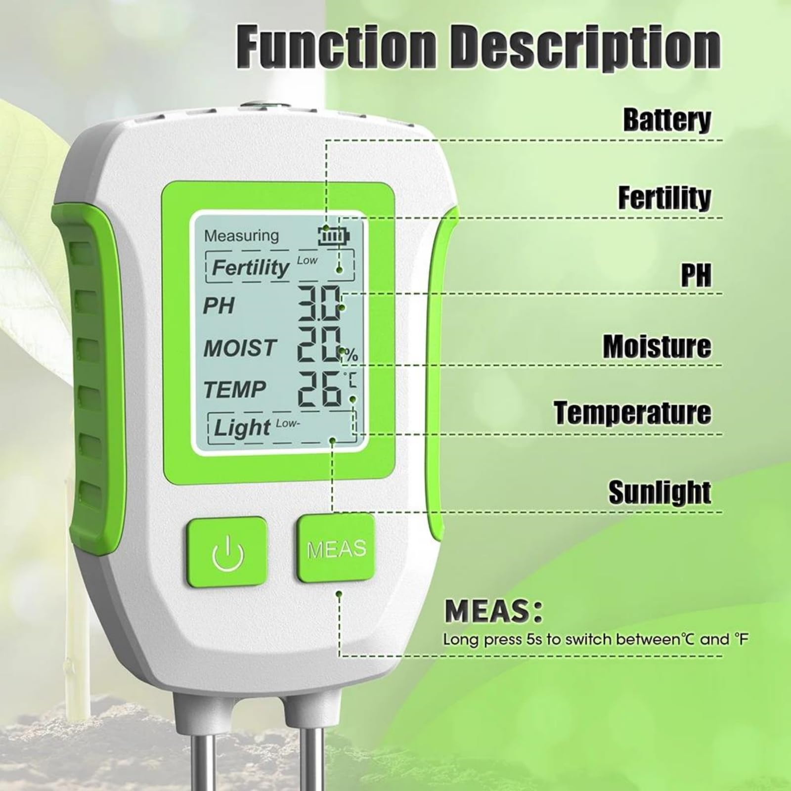 Medidor De Humedad del Suelo 5 En 1, Medidor Digital De PH del Suelo, Probador De Humedad del Suelo De Mano emperatura Y Luz Solar para Jardín, Plantación Y Macetas