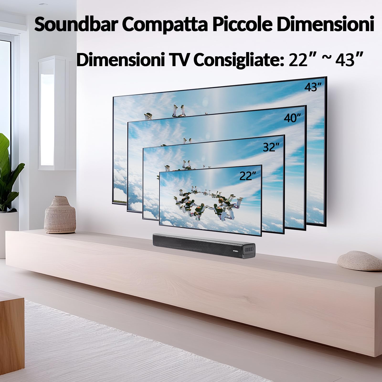 2.1ch Piccolo Soundbar TV Bluetooth/PC/Proiettore Subwoofer Integrato, 120W Sound Bar Casse per TV, Miglioratore Dialogo, HDMI ARC Ottico Aux.