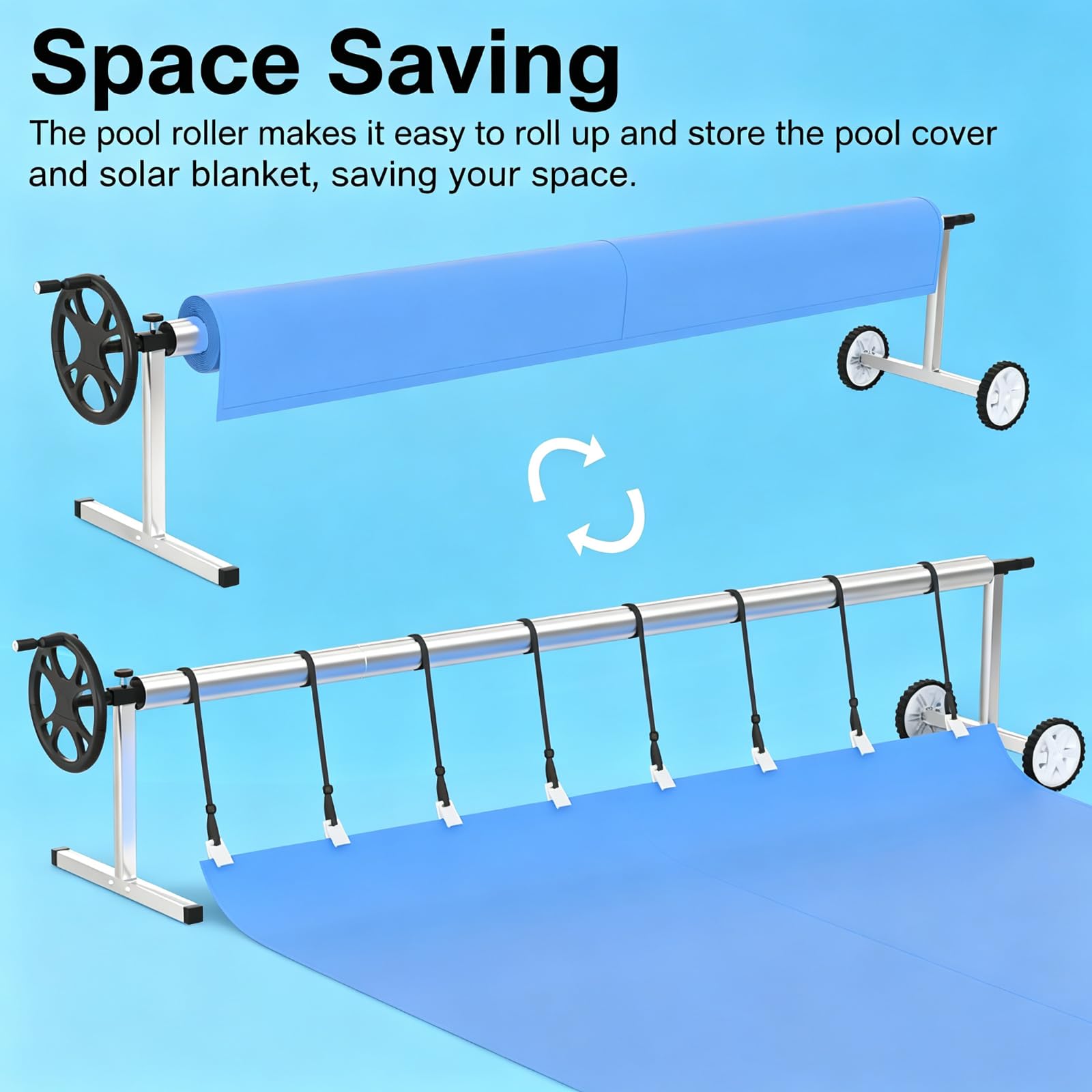 Pool Aufroller 3 m - 5,7 m Verstellbar, Aufrollsystem für Poolplane aus Aluminium Edelstahl mit Handkurbel & Rädern, Aufrollvorrichtung für Solarplanen & Abdeckungen & Poolüberdachung