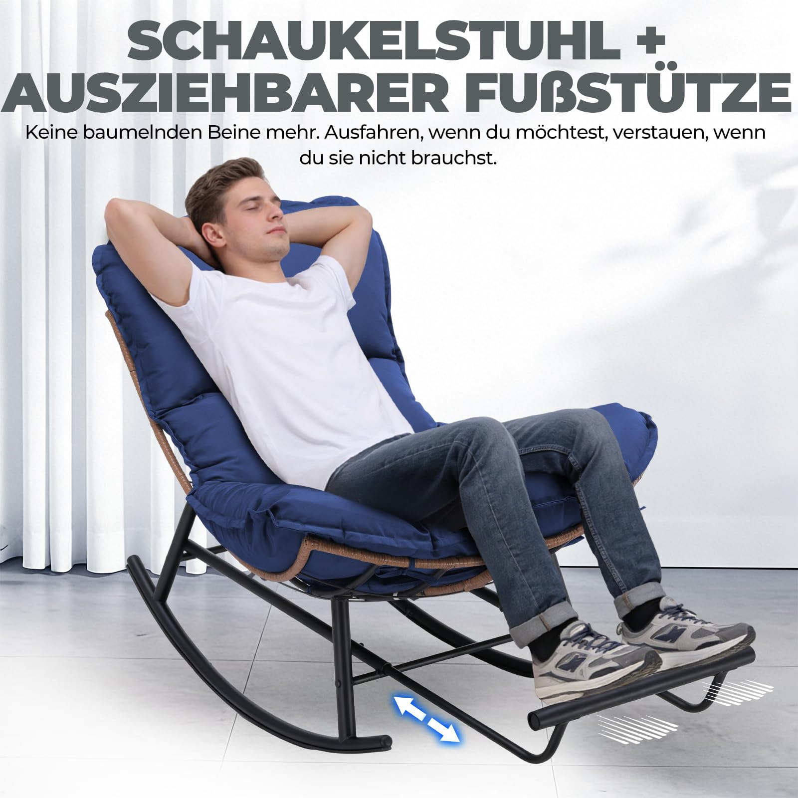 COMHOMA Schaukelstuhl, Schaukelsessel, Relaxsessel, Stahlgestell, ausziehbare Fußstütze, abnehmbares Kissen, bis 136 kg belastbar, Schlaf-, Wohnzimmer, Terrasse, Garten, blau