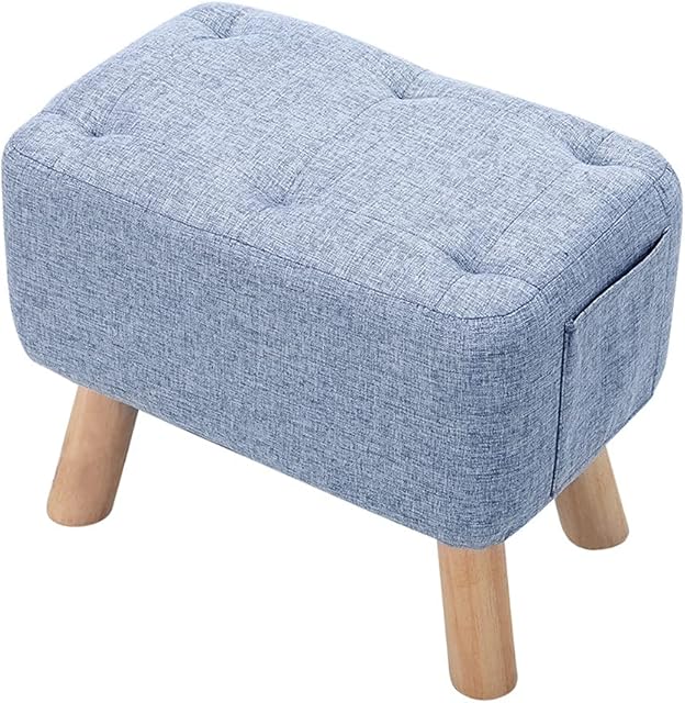 Padded Pouffe Footstool Multifunction Large Ottoman Stool with Wood Legs Square Linen Fabric Pouffe Chair For Living Room,Bedroom,Office,Entryway (Blue)