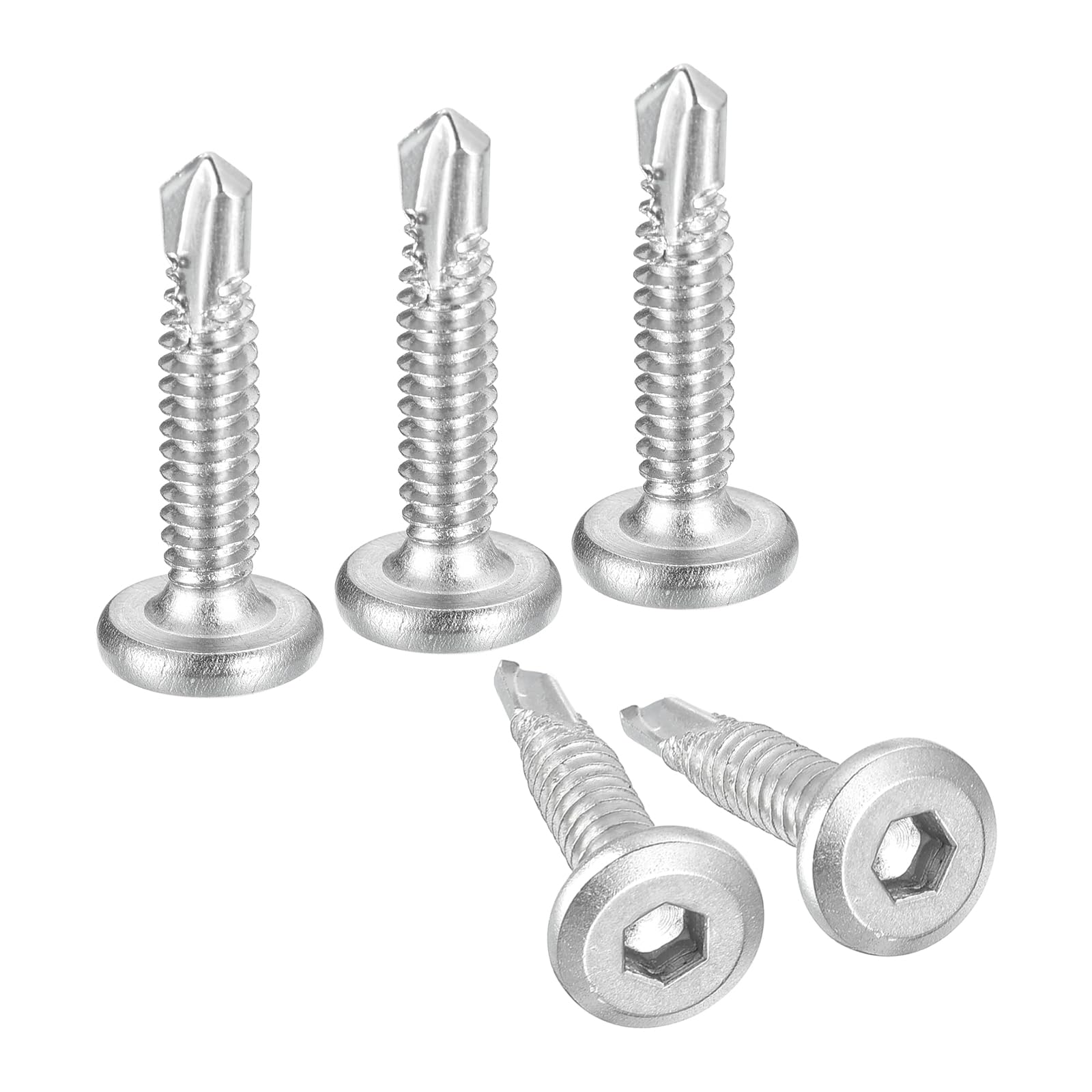 uxcell 150Pcs Hex Socket Self Tapping Screws, #10 x 1 410 Stainless Steel Flat Head Sheet Metal Drilling Screw, Silver