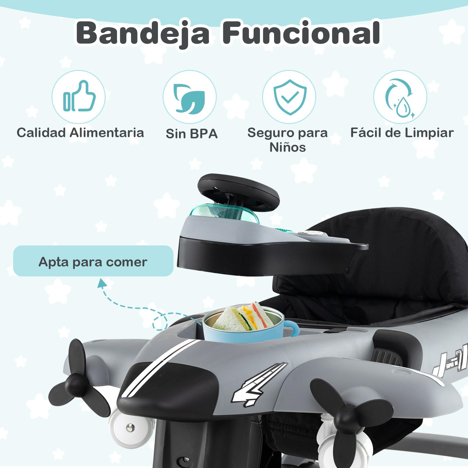 COSTWAY 6 en 1 Andador Bebés, Andador Plegable de Avión, Altura Ajustable en 3 Niveles, 6 Ruedas Universales, Caja de Música Extraíble, Tacata Bebes, Caminador Bebe para Niños de 6-18 Meses (Gris)