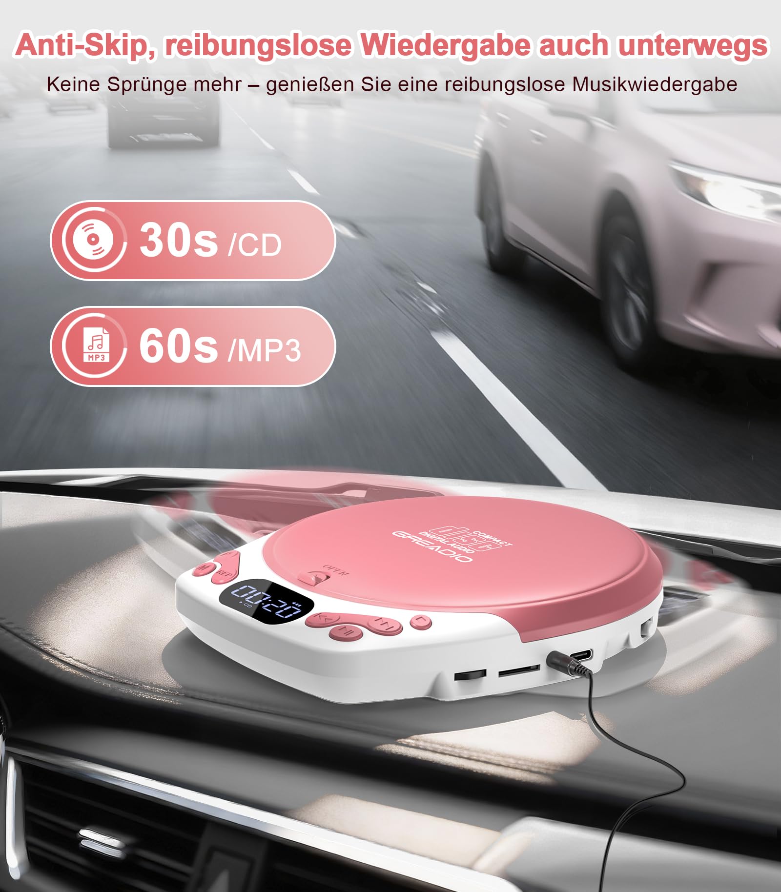 Greadio Lecteur CD portable avec casque - Lecteur CD rechargeable pour voiture et maison - Lecteur CD Walkman avec fonction anti-glisse - Prend en charge CD/MP3/WMA/TF/AUX/verrouillage (rose)