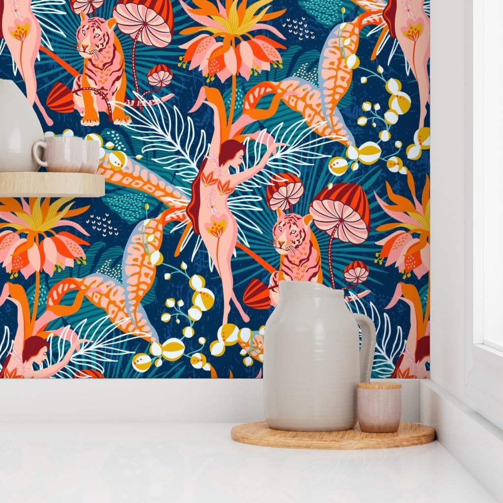 Peel & Stick Wallpaper 3ft x 2ft - Tropical Blossom Dance Flower Jungle Custom Removable Wallpaper by Spoonflower