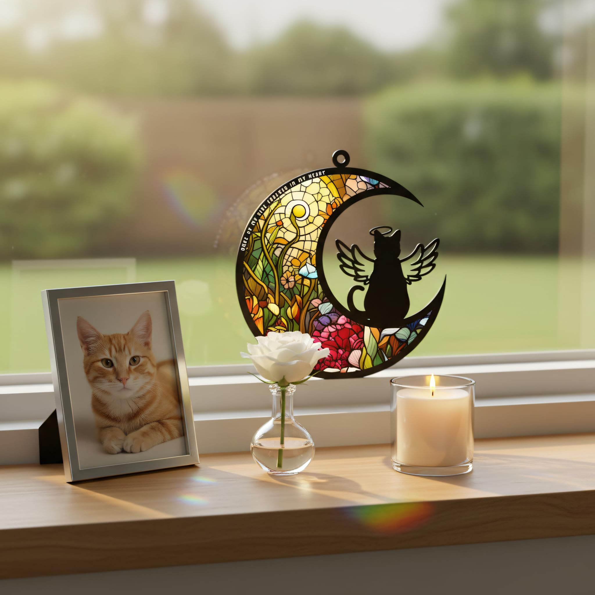 Cat Memorial Suncatcher for Windows Stained Glass,Pet Sympathy Gift to Memorialize The Loss,Unique Angel Cat Statue Suncatchers with Personalized Decorations