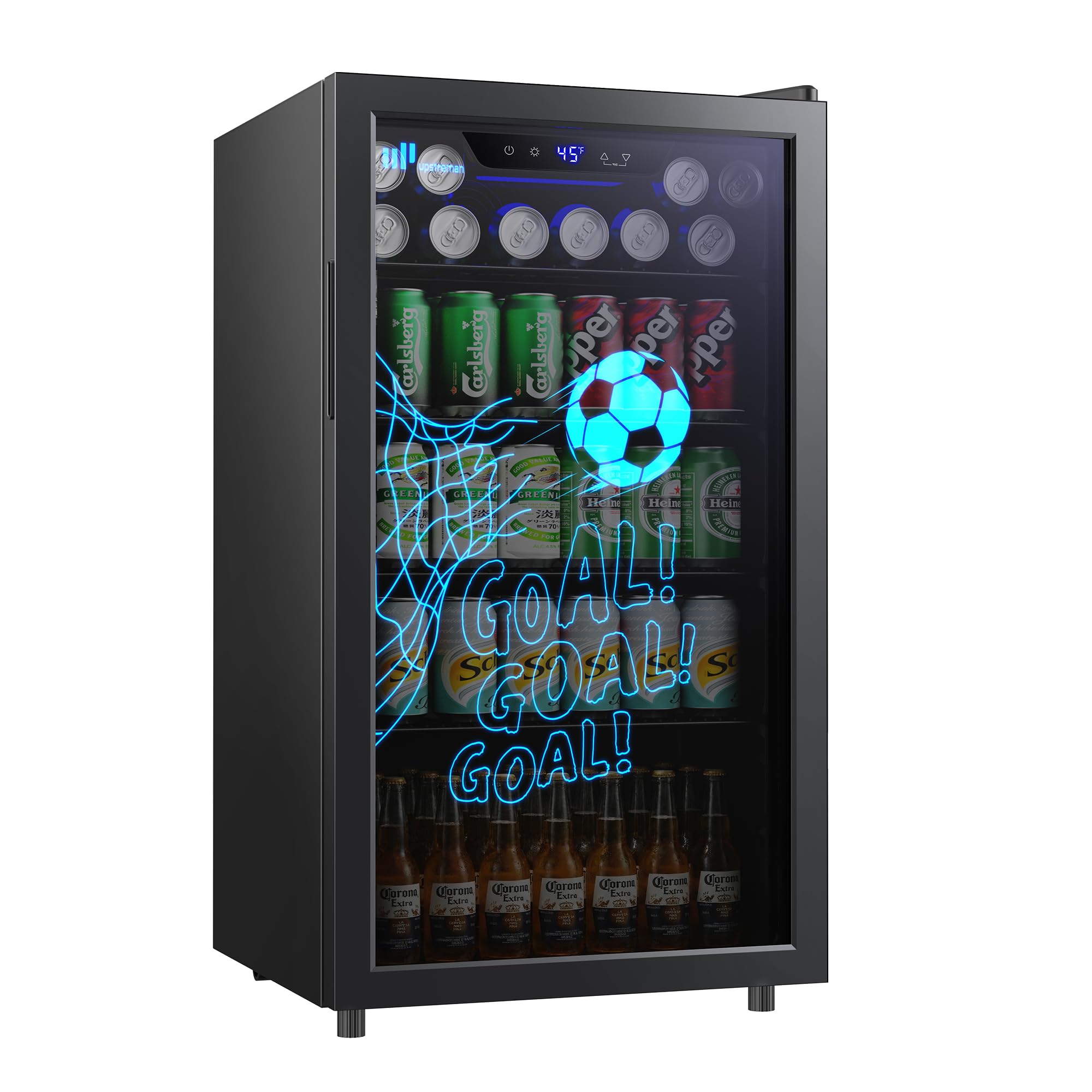 Upstreman Réfrigérateur à Boissons 91  L Avec Porte Vitrée, Mini Frigo Pour 126 Canettes, LED Motif Football, Avec Étagères Amovibles pour Bière, Vin et Soda, Idéal pour Maison, Bar, Bureau
