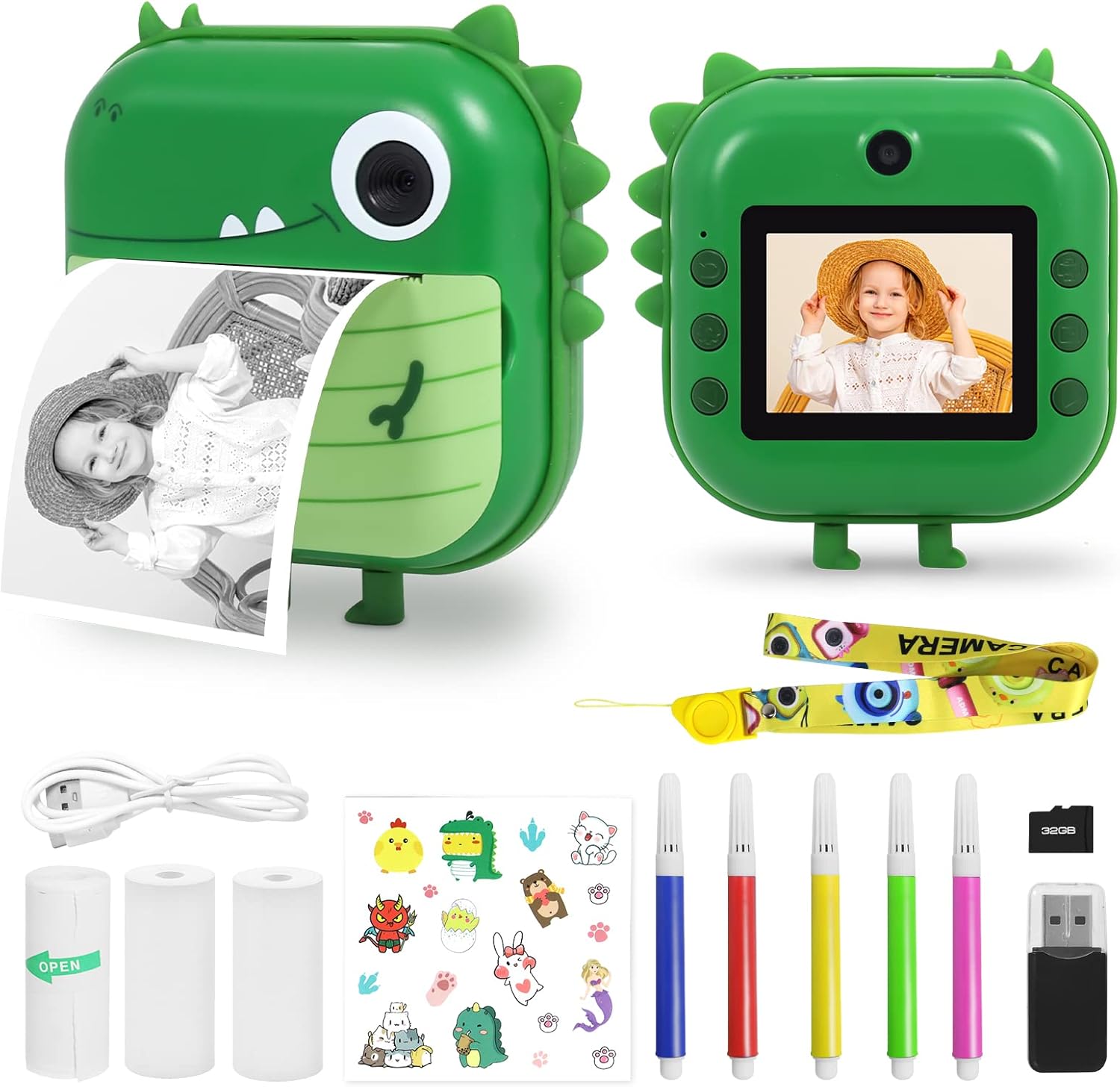 AURTEC Instant Camera for Kids, Mini Thermal Printing Camera, No Ink Required, Dual 48MP & 1080P HD Video, 32G TF Card & 3 Print Paper, 2.4 Inch Color Screen, Cute Animal Cartoon Design