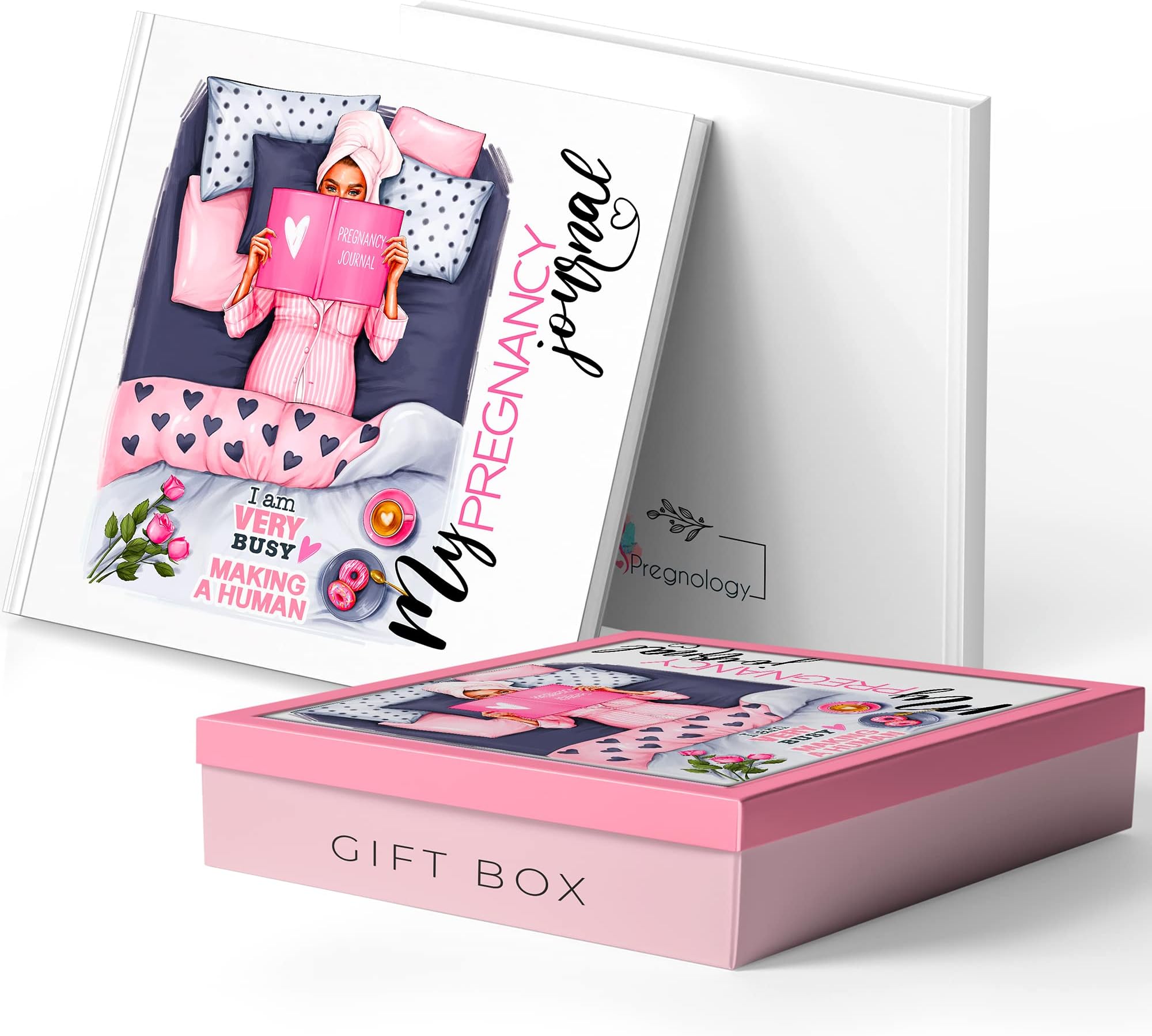 Pregnancy Journal GIFT SET BOX | Month-By-Month Illustrated Hardcover Journal with Storage Pockets Creates a Keepsake of Maternity Memories Baby Shower Pregnancy Gift for First Time Moms