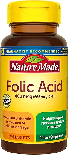 Nature Made Folic Acid 400 mcg (665 mcg DFE) Dietary Supplement for Nervous System Function, Folic Acid Supplements for Women and Men, 250 Tablets, 250 Day Supply