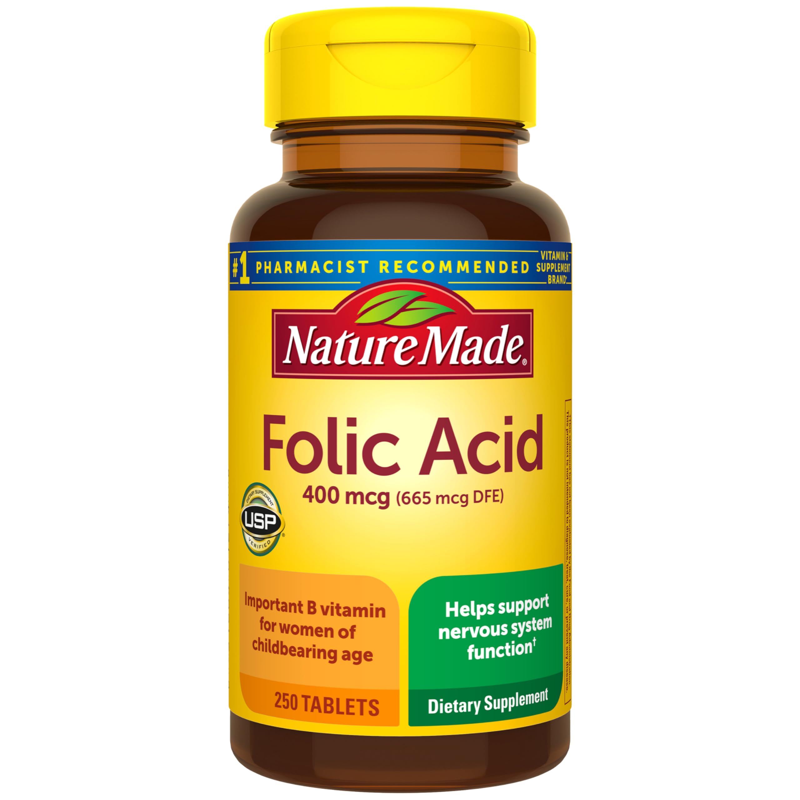 Folic Acid 400 mcg (665 mcg DFE), Dietary Supplement for Nervous System Function, 250 Tablets, 250 Day Supply