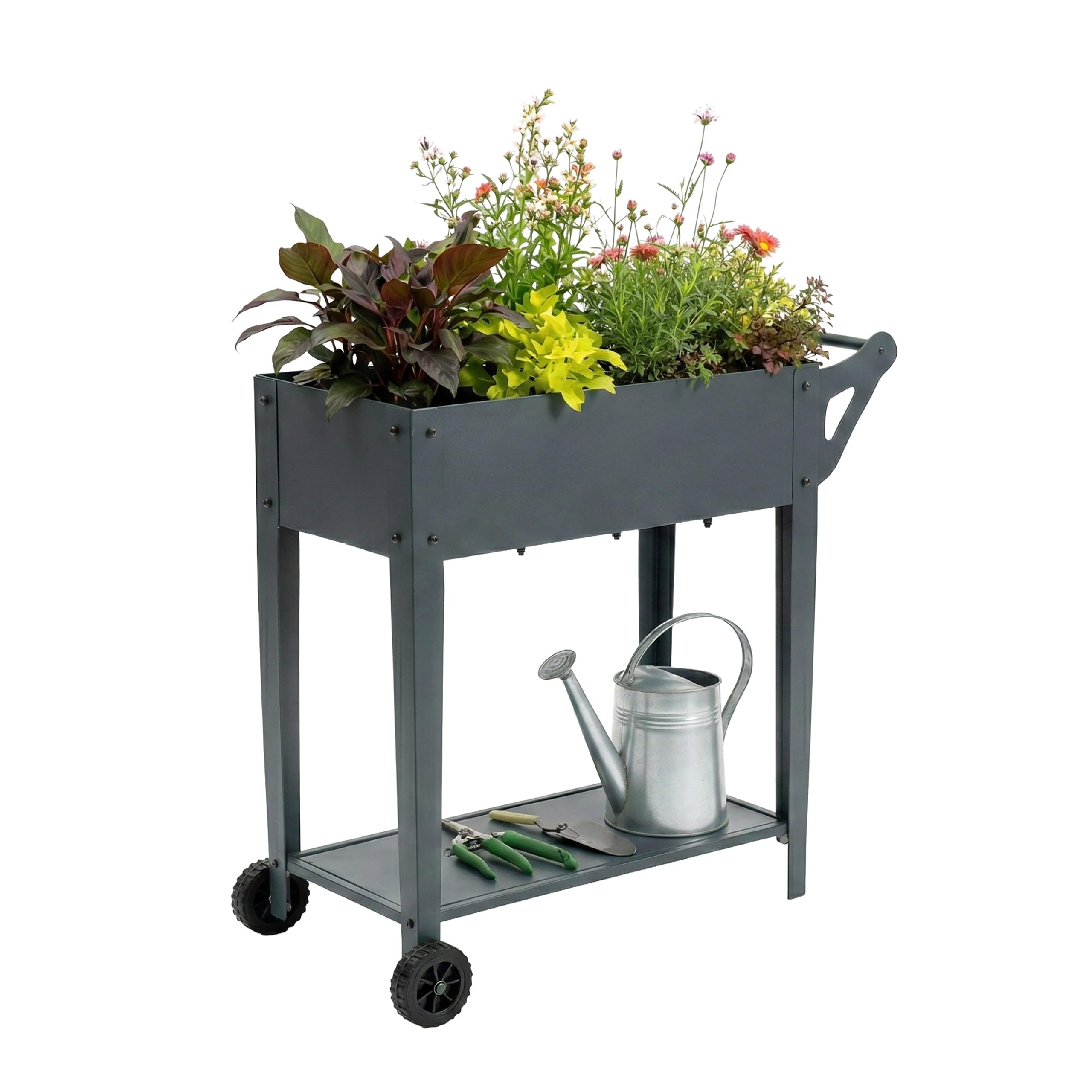 Relaxdays Aiuola rialzata con ripiano, 2 Ruote, Giardino, Balcone e terrazza, 80 x 85 x 50 cm, Colore: Antracite