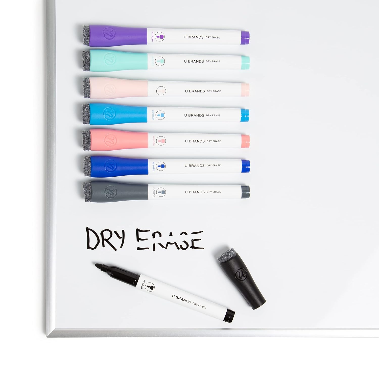U Brands Medium Point Dry Erase Markers, Office Supplies, Assorted Pastel Colors, with Eraser Cap, 8 Count