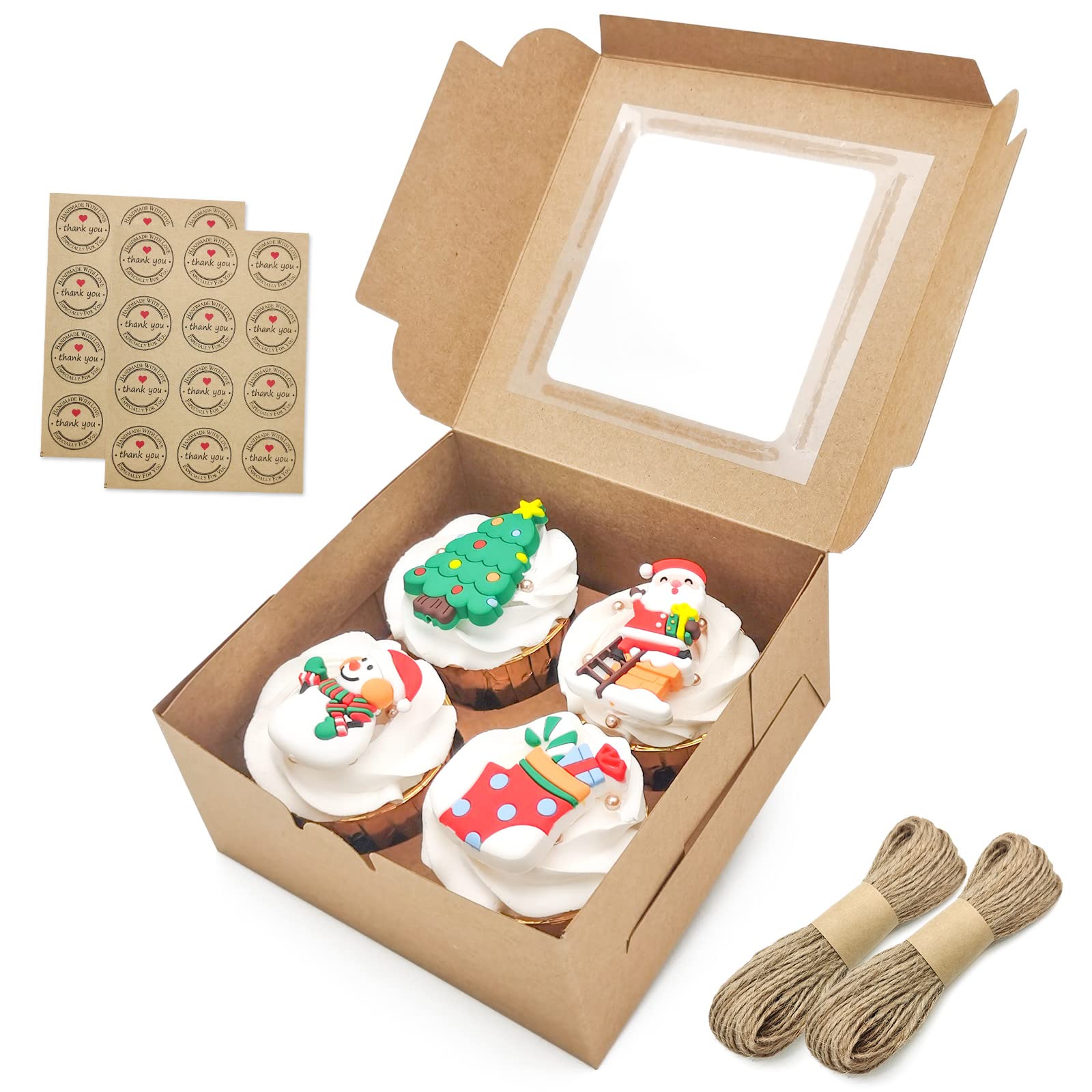 Photo 1 of LASOA Kraft Bakery Cupcake Boxes with Windows and Inserts, Cupcake Carriers 4 Holders with Strickers and Twine, Gift Boxes for Party Favor,Birthday,Halloween,Thanksgiving, Christmas,25Pack - 6.5x6.5x3inch Brown