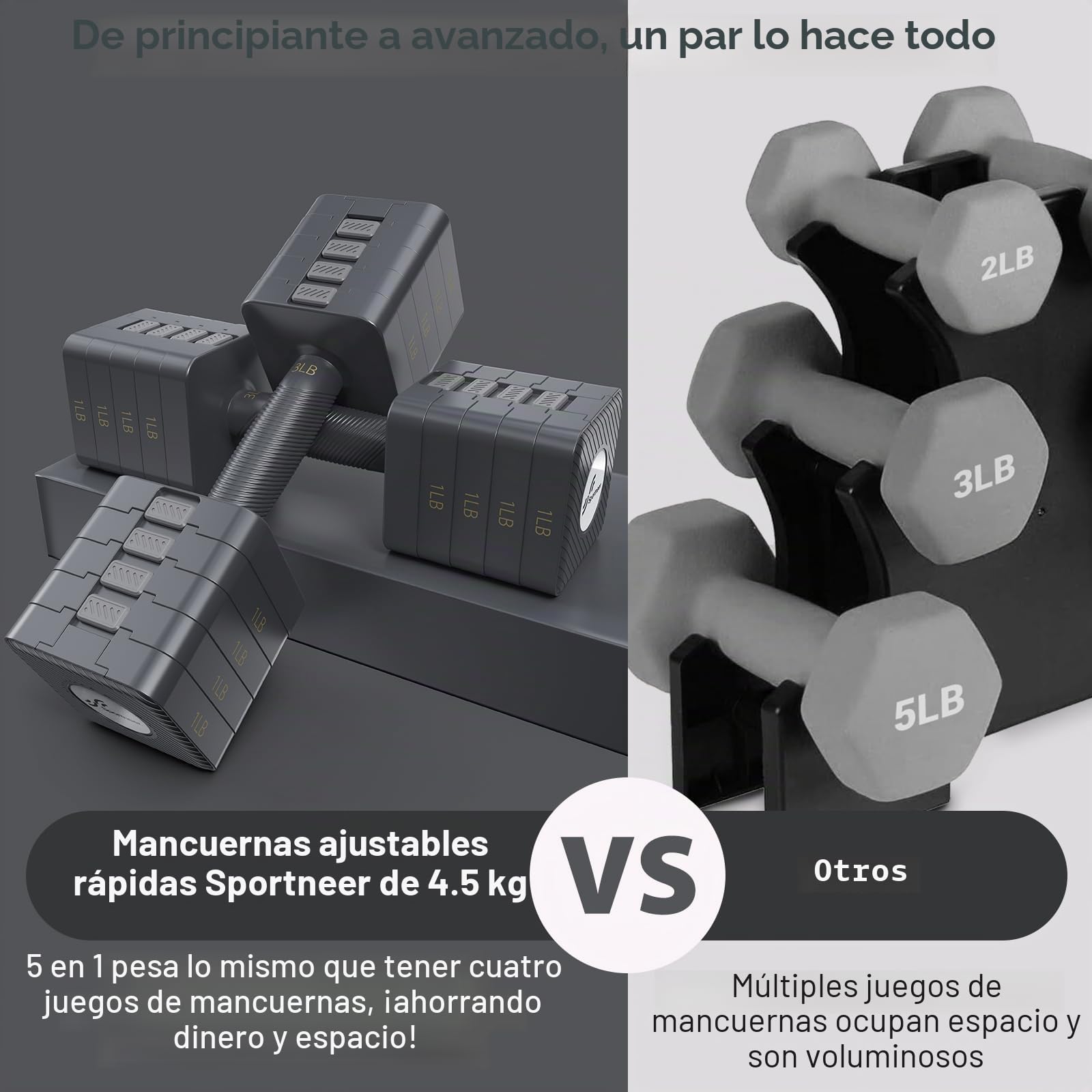 Juego de mancuernas ajustables: Sportneer - Juego de 2 mancuernas ajustables 5 en 1, regulables hasta 4,5 kg, de ajuste rápido, para entrenamiento de fuerza en casa, para hombres y mujeres