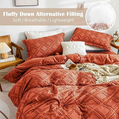 Miniatura 2 de Nanko Juego de edredón tamaño individual XL, color naranja quemado, jacquard bohemio geométrico, desgastado y elegante, ropa de cama alternativa de