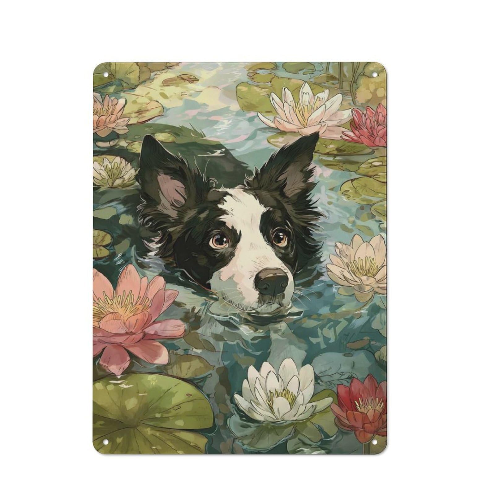 Dog Swimming Among Lily Pads Rustic Metal Sign 40x30cm, Barn Style Farmhouse Wall Decor for Kitchen, Cottage, Porch Or Garden Room