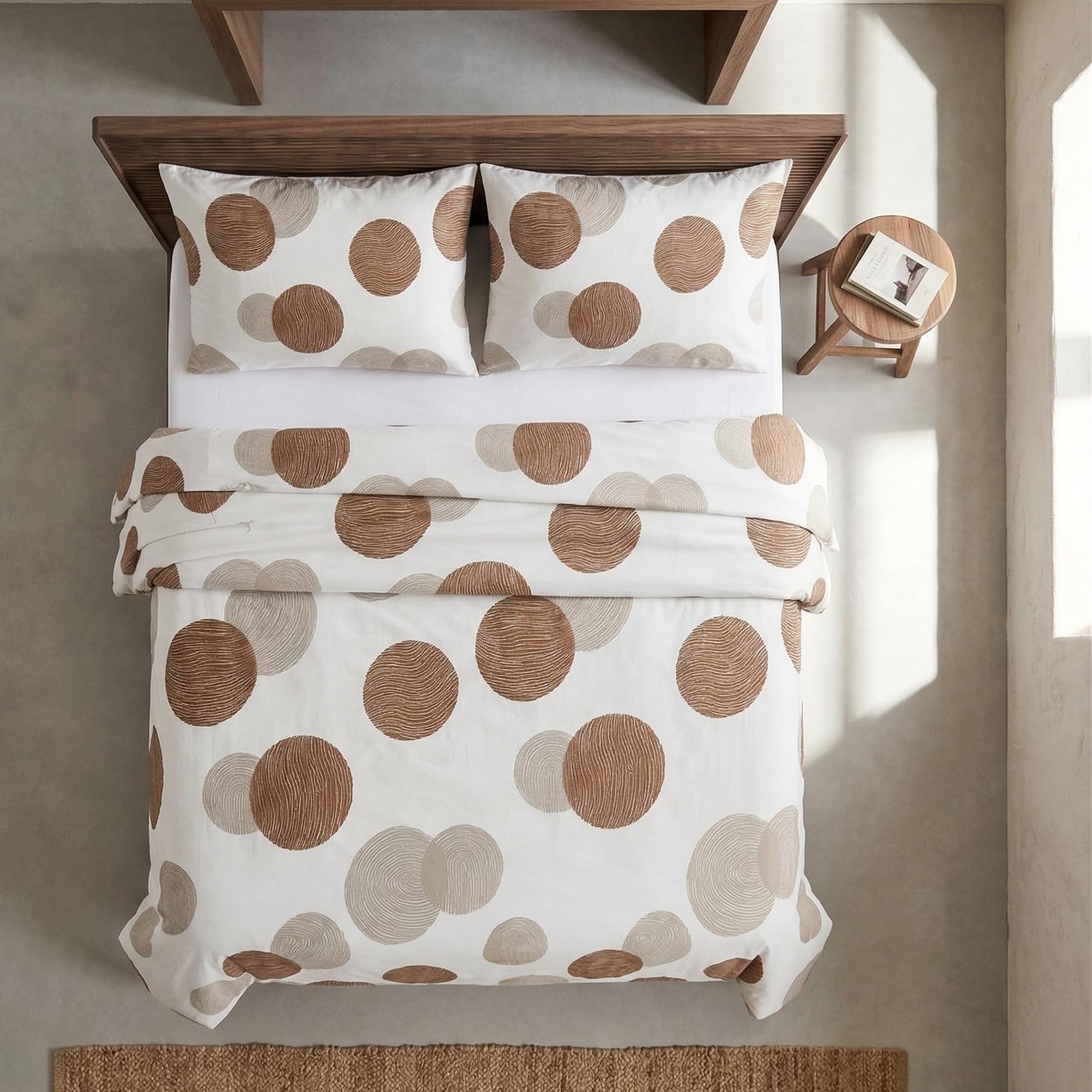Juego Funda nórdica Cama 180/200 100% algodón, Funda edredón 260x240 cm + 2 Funda Almohada 50x90 cm, Estampado círculos, Marrón/Taupe.