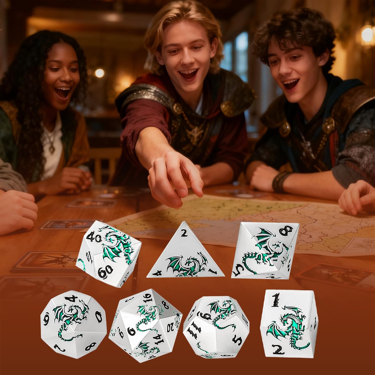 Metal Dice Set, Flat Face White Green Dragon Pattern, 7pcs Polyhedral Metal DND Dice Set, DND Starter Set - Image 4