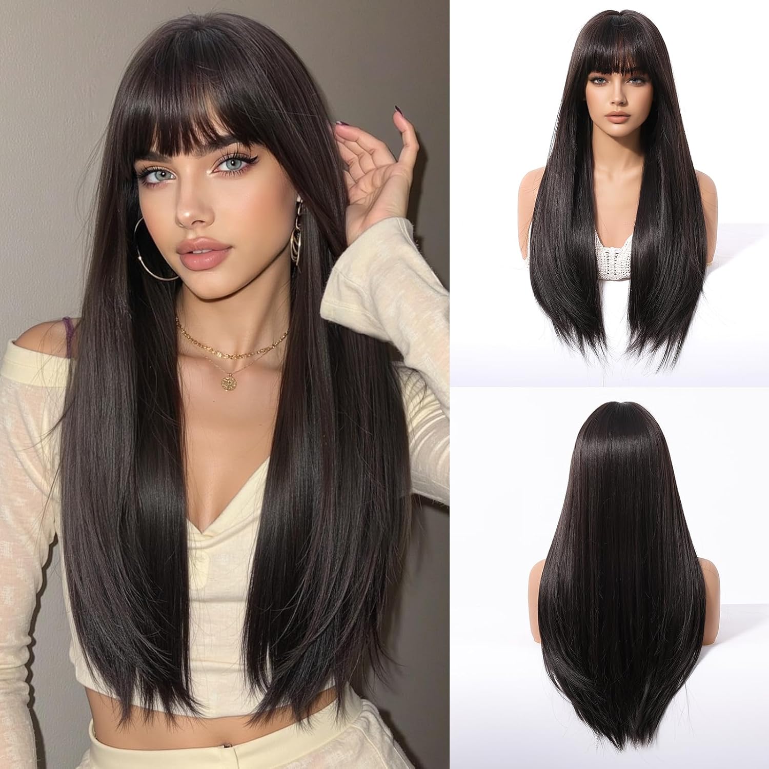 Long Straight Black Hair with Bangs Layered Wigs Human Hair for Women Breathable Lightweight Natural Look Party Daily Use (Chocolate Brown,26 Inch)