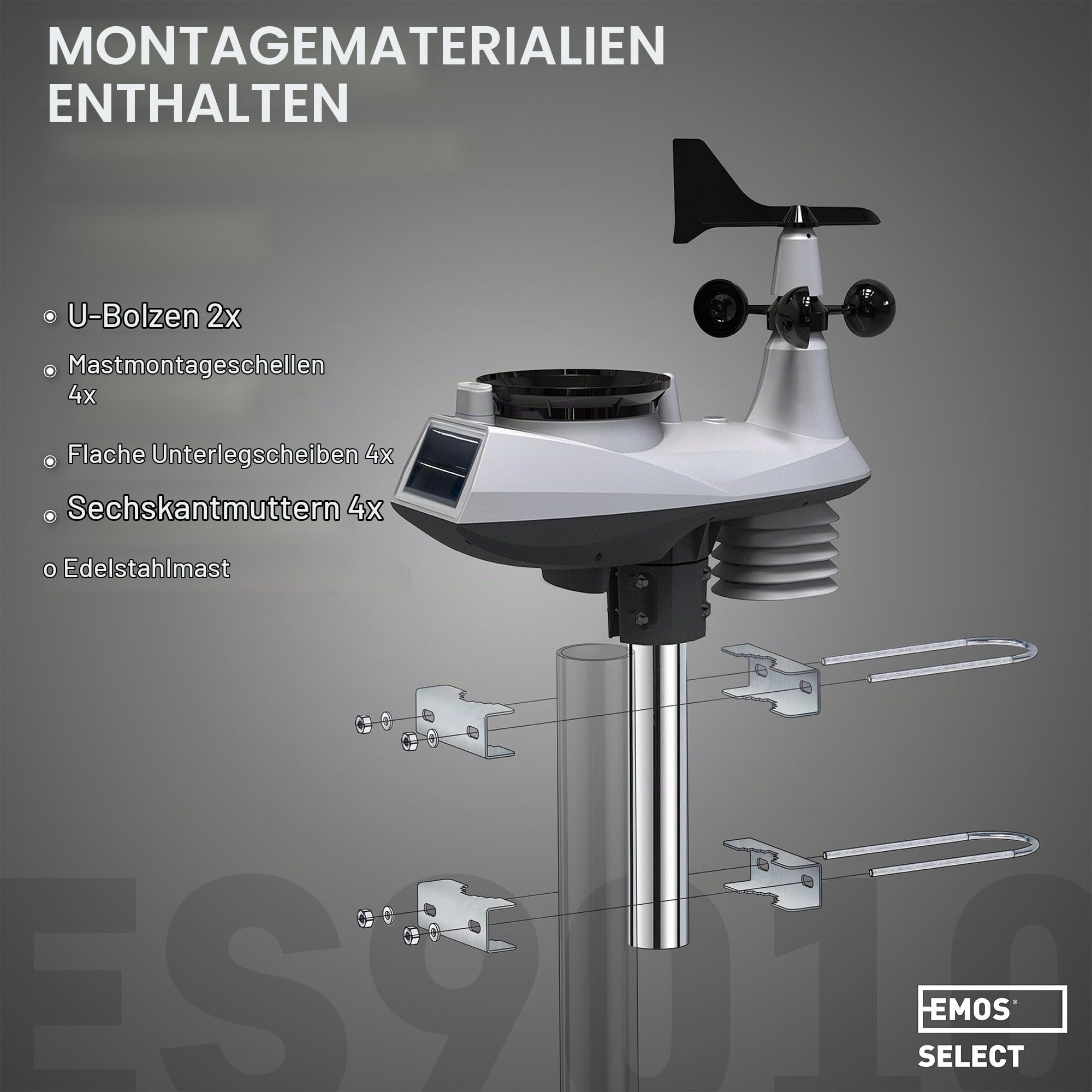 EMOS Wetterstation WLAN mit Windmesser und Regenmesser - zur Wettervorhersage, für drinnen & draußen - Überwacht Zeit, Datum, Temperatur, Luftfeuchtigkeit, Luftdruck - 12-24 Stunden Vorhersage