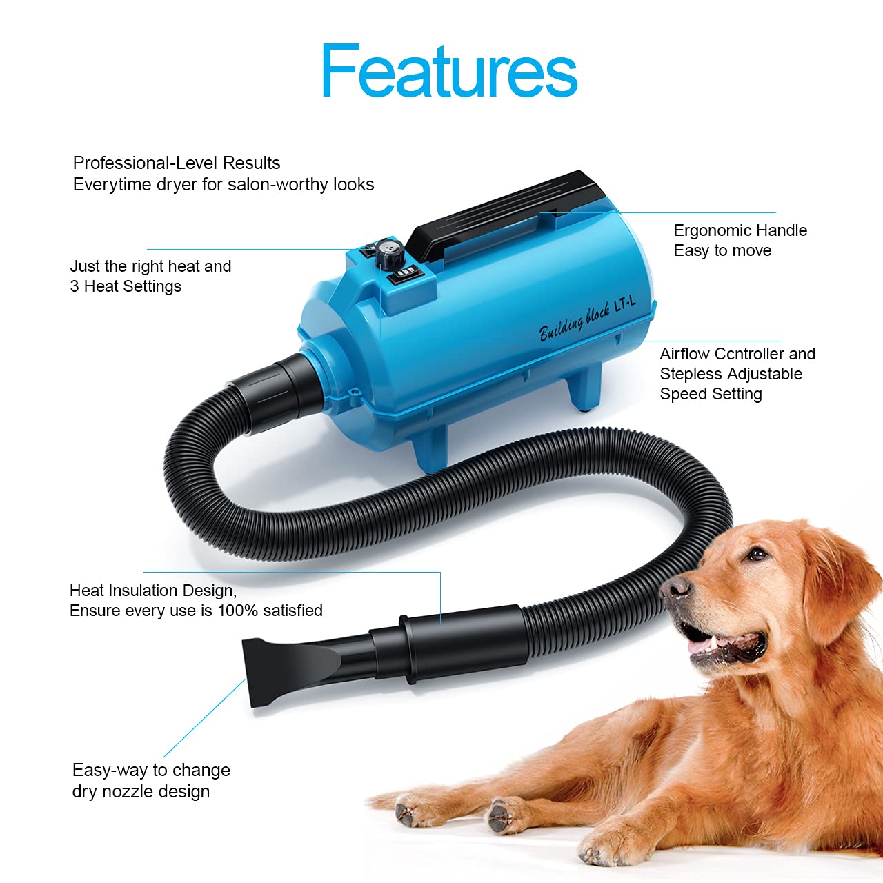 Dog Dryer, High Velocity Dog Grooming Dryer Blower Stepless Adjustable