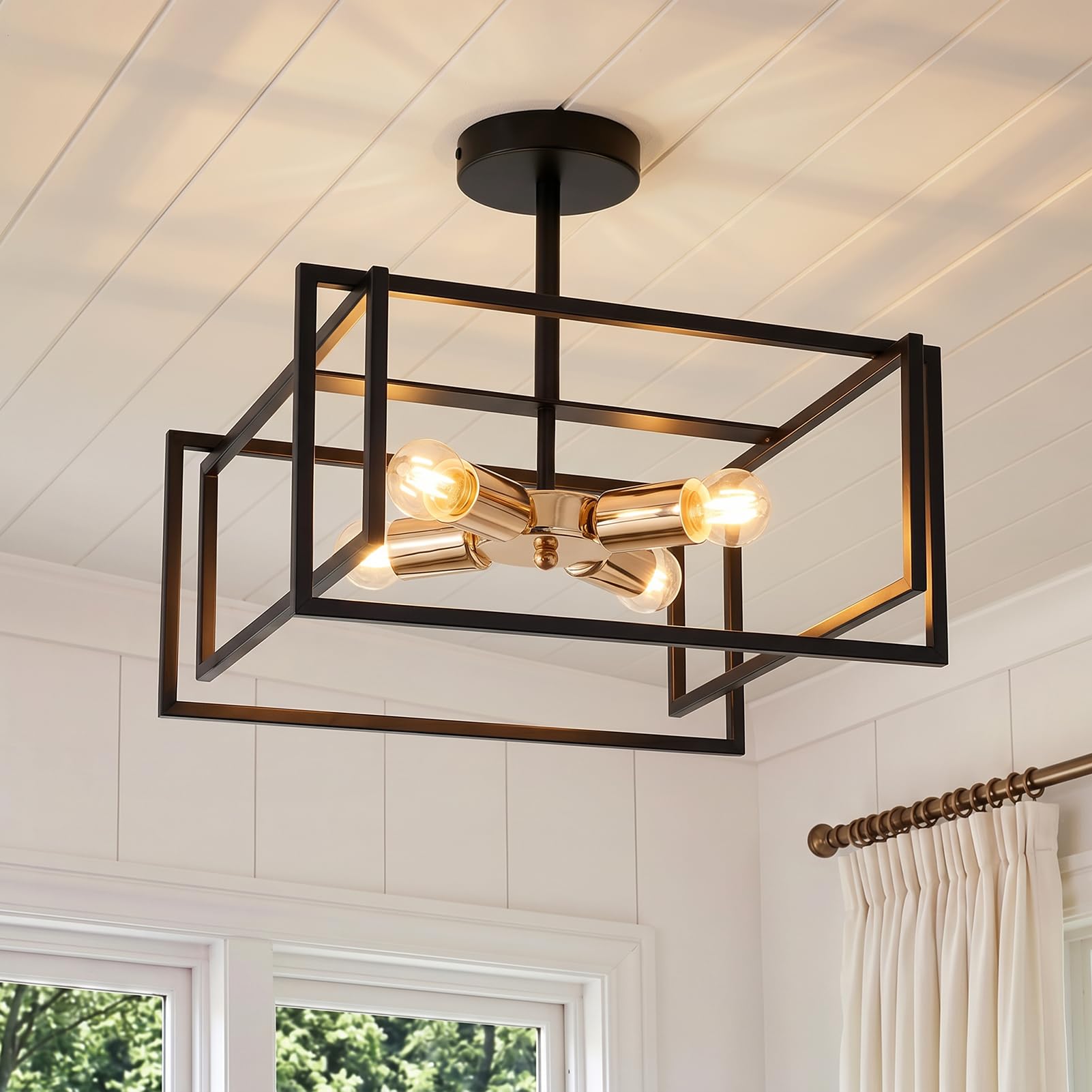 Warmiehomy 4 Lights Chandeliers Ceiling Light, Industrial Black Metal Ceiling Light Living Room with E27 Base, 38cm Semi Flush Mount Light Fixtures for Farmhouse Kitchen Island Dining Room