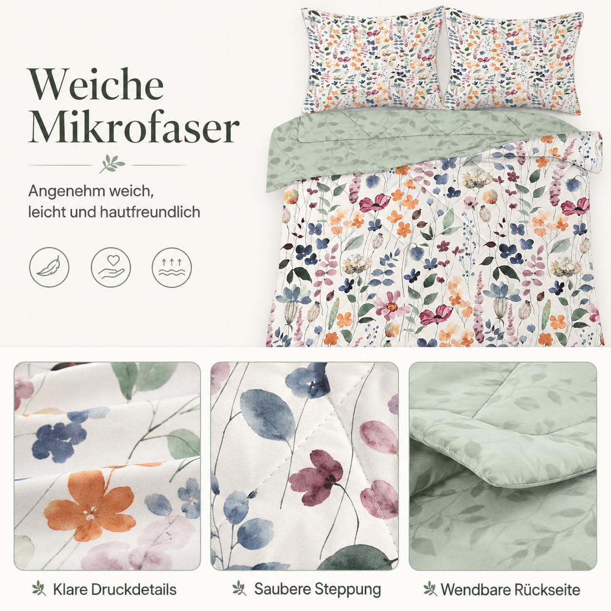 Bettdecke 135x200 4 Jahreszeiten, Beige Blume Vierjahreszeiten Steppdecke 135x200, Warme Ganzjahresdecke Salbeigrüne Pflanzen Bettdecke ohne Bezug Waschbar Schlafdecke mit 2 Kissenbezug 80x80cm