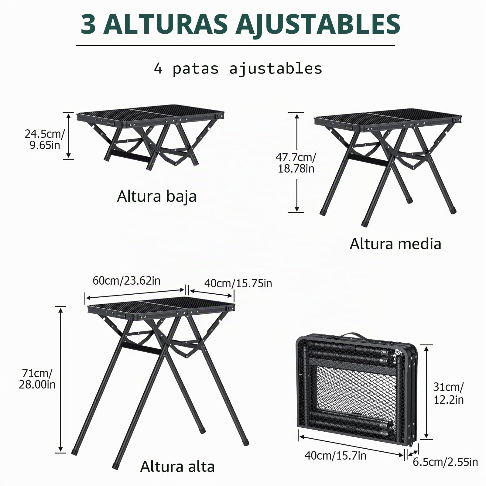 JiGiU Mesa Plegable de Camping 60X40X24.5/47.7/71cm Altura Ajustable Mesa de Malla de Aluminio Estructura en Forma de X Soporte Máxima 80KG para Interior Exterior Senderismo Barbacoa Playa