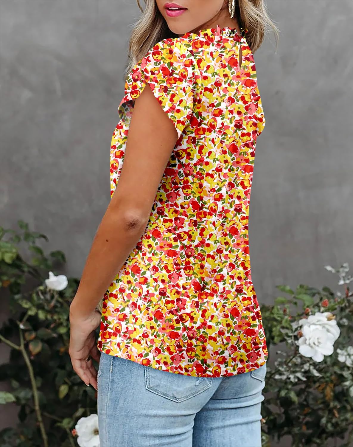 CHICZONE Women's Mock Neck Casual Summer Tops Ruffle Short Sleeve Keyhole Back Boho Blouses - Image 4