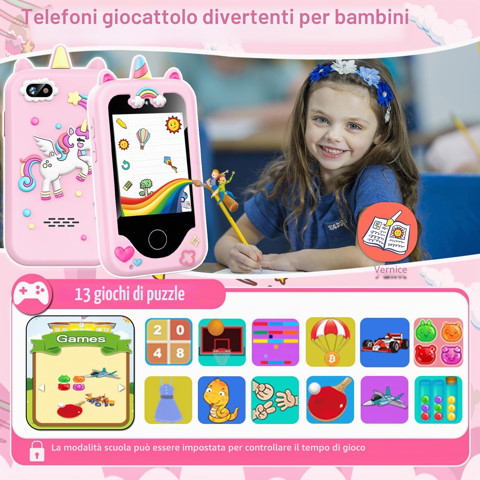 Telefono per bambini per ragazze, unicorni, regali per ragazze dai 3 ai 10 anni, giocattoli di Natale per bambini, giocattoli per bambini con touch screen, con doppia fotocamera, gioco, lettore