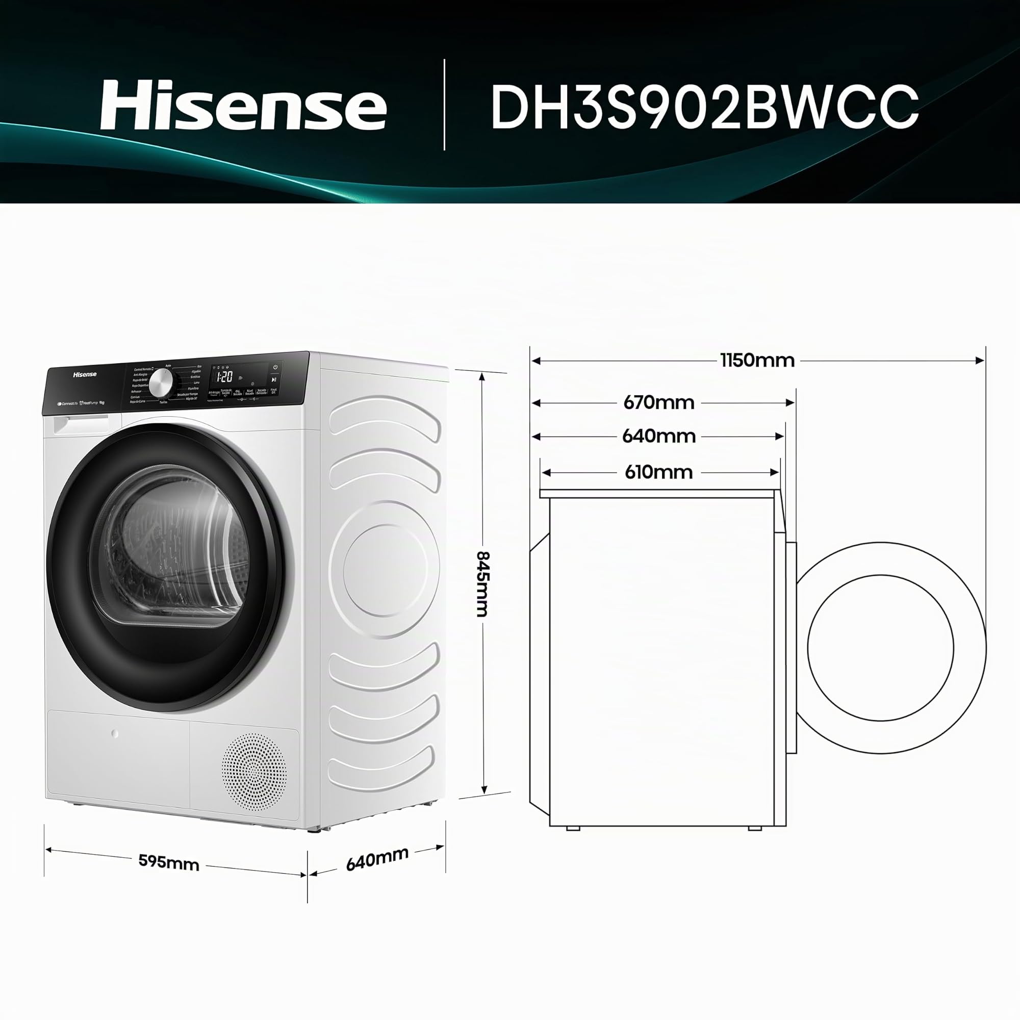 Hisense DH3S902BWCC - Secadora 9Kg, Clase C, Fondo 59cm, Secado Automático, Secado Rápido 30', Smart Pair, Antiarrugas, Bomba de Calor, Allergy Care, Blanco