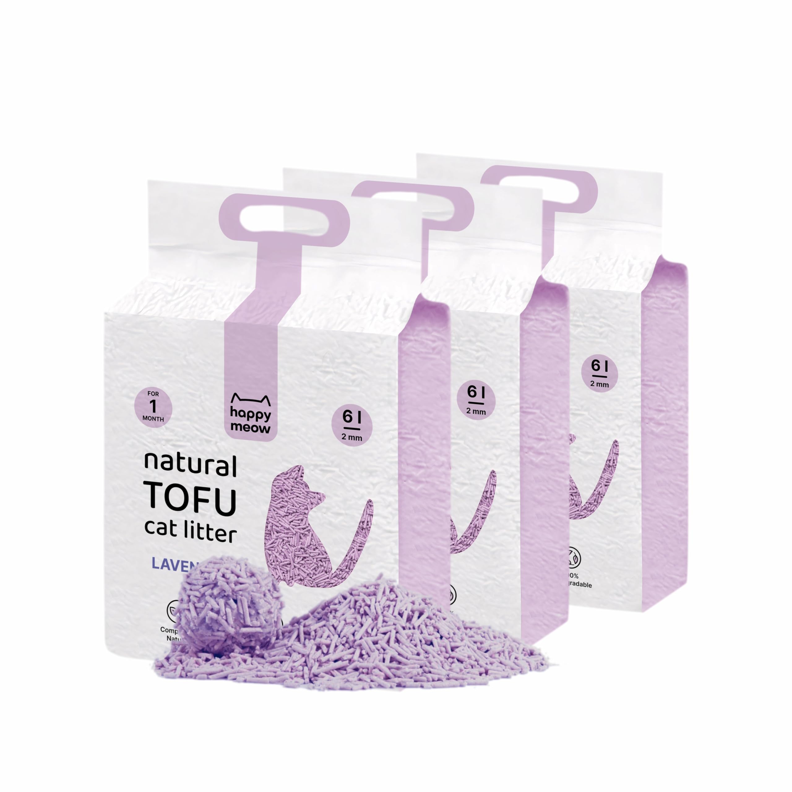 HAPPY MEOW Arena Aglomerante para Gatos Tofu 7.5 KG/18l Arena Tofu 100% Natural e Biodegradable Fórmula Libre de Polvo (Lavanda)