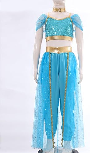 Miniatura 3 de Agoky Disfraz de princesa árabe para niñas, disfraz de Halloween con lentejuelas, vestido de danza del vientre, jazmines, cosplay, disfraz, 3 piezas
